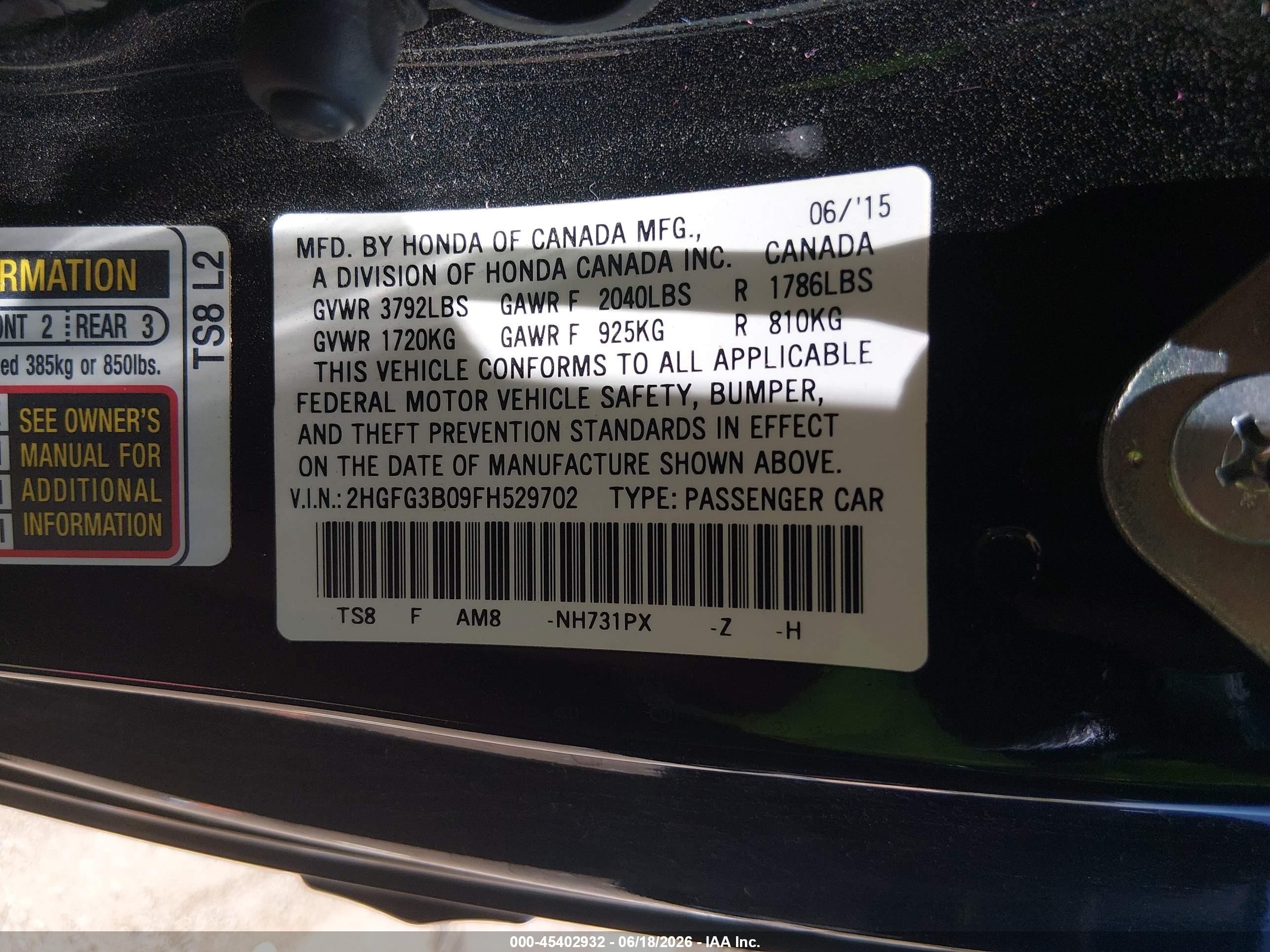 2015 Honda Civic VIN 2HGFG3B09FH529702 IAAI salvage auction — Front End, Salvage (Arizona), sold $1,625 on 2026-07-09 (photo 9)