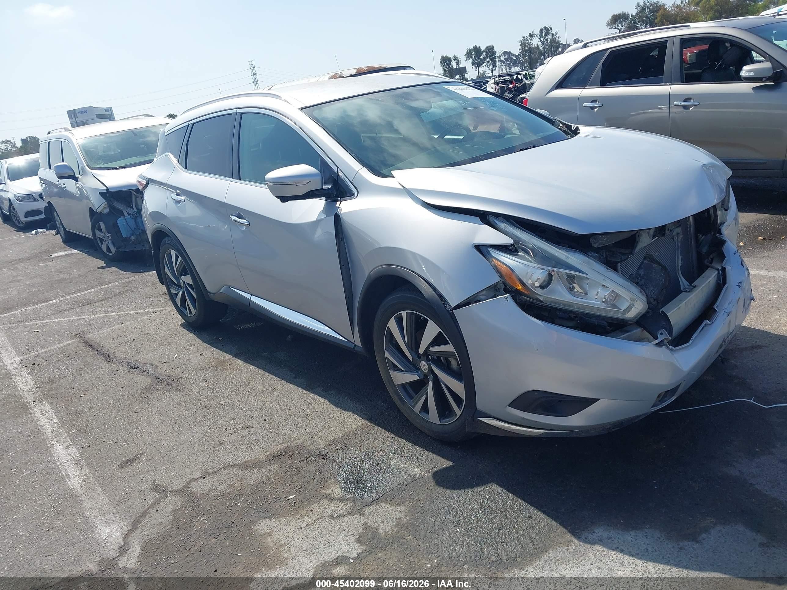 2015 Nissan Murano VIN 5N1AZ2MG9FN233881 IAAI salvage auction — Front End, Salvage (California), sold $1,775 on 2026-07-07 (photo 1)