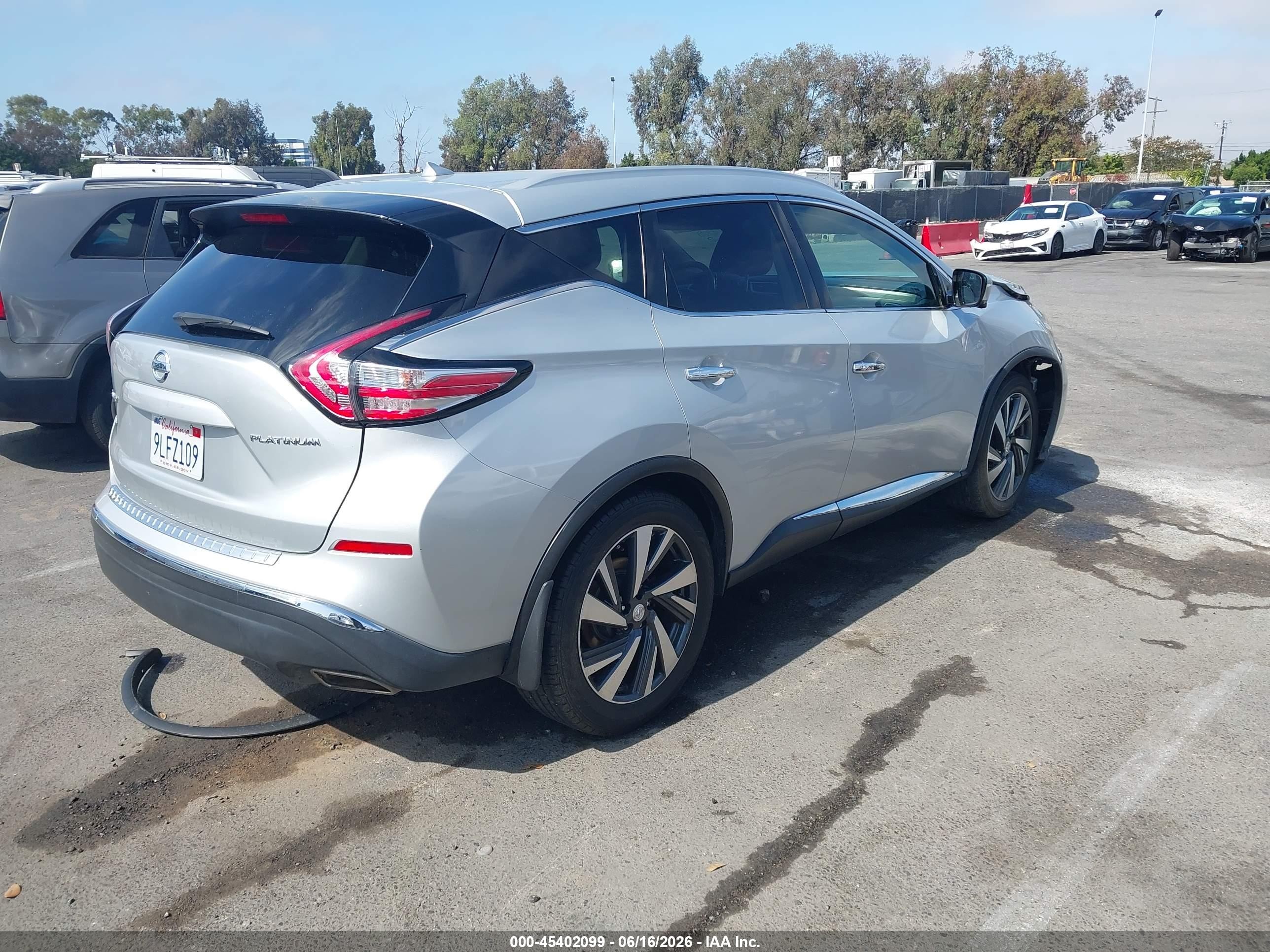 2015 Nissan Murano VIN 5N1AZ2MG9FN233881 IAAI salvage auction — Front End, Salvage (California), sold $1,775 on 2026-07-07 (photo 4)