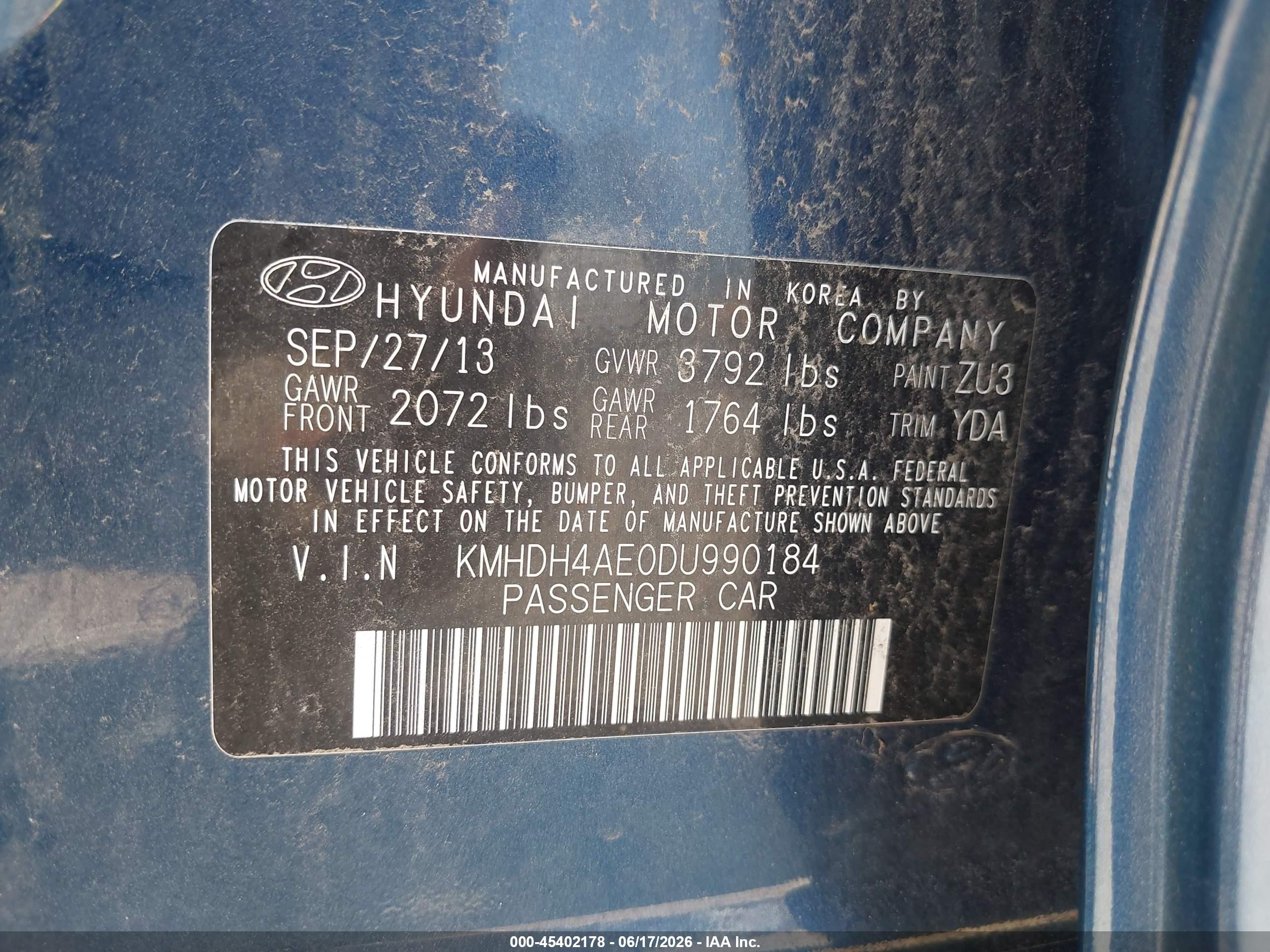 2013 Hyundai Elantra VIN KMHDH4AE0DU990184 IAAI salvage auction — Rear End, Certificate Of Title (Nebraska), sold $775 on 2026-07-12 (photo 9)