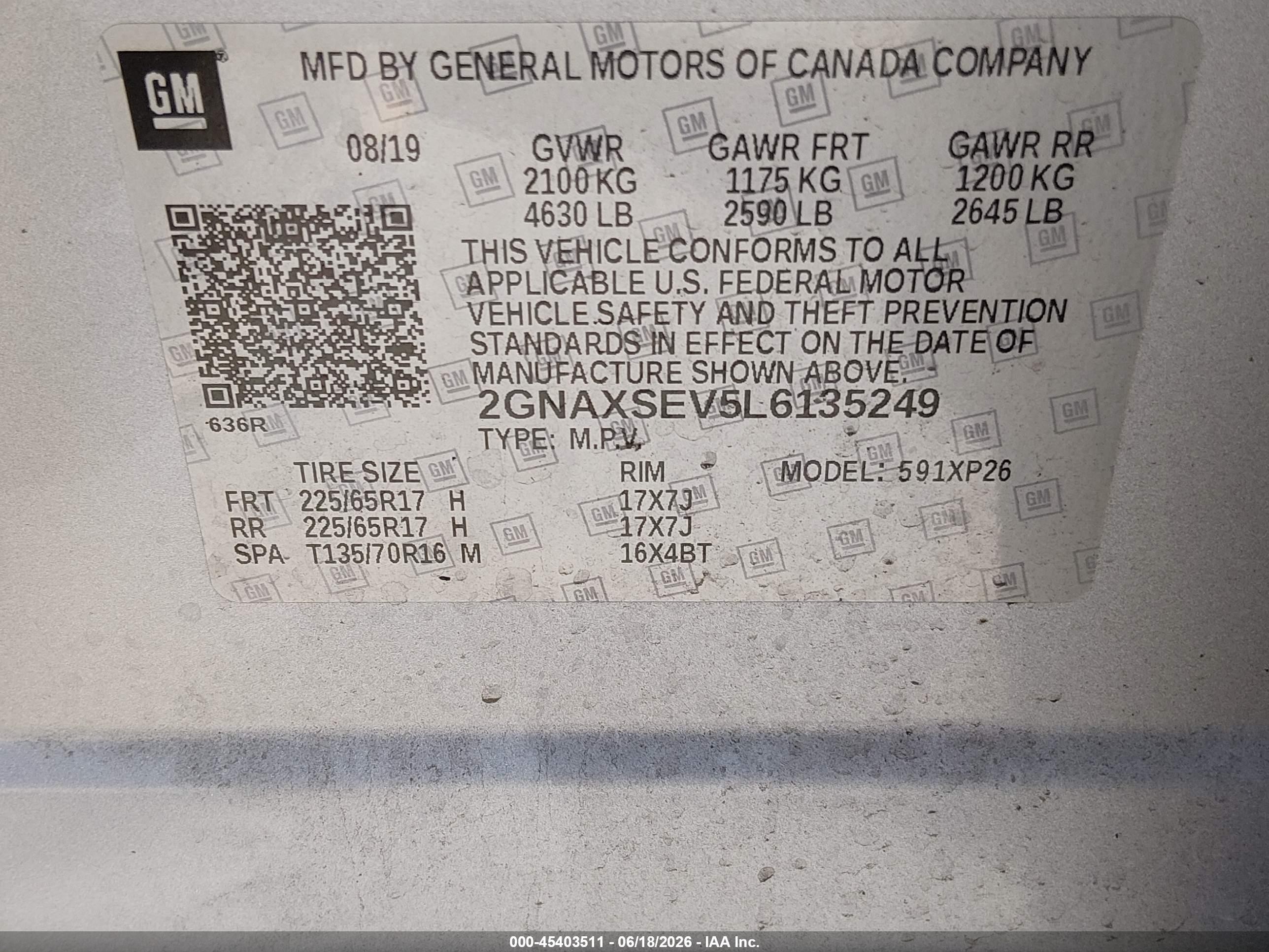 2020 Chevrolet Equinox VIN 2GNAXSEV5L6135249 IAAI salvage auction — Side, Bill Of Sale (Washington), sold $3,500 on 2026-07-11 (photo 9)