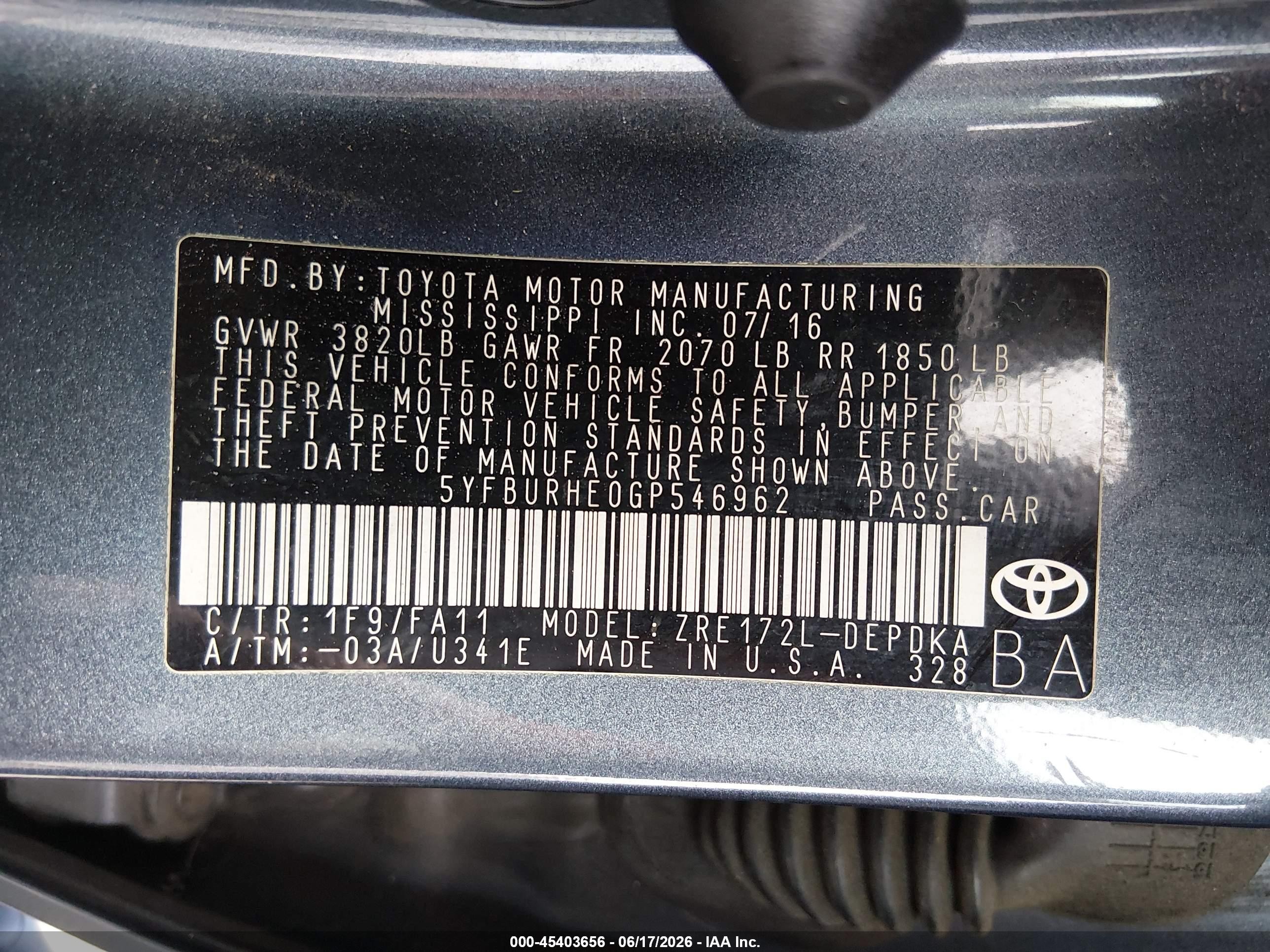 2016 Toyota Corolla VIN 5YFBURHE0GP546962 IAAI salvage auction — Side, Salvage (California), sold $2,925 on 2026-07-05 (photo 9)