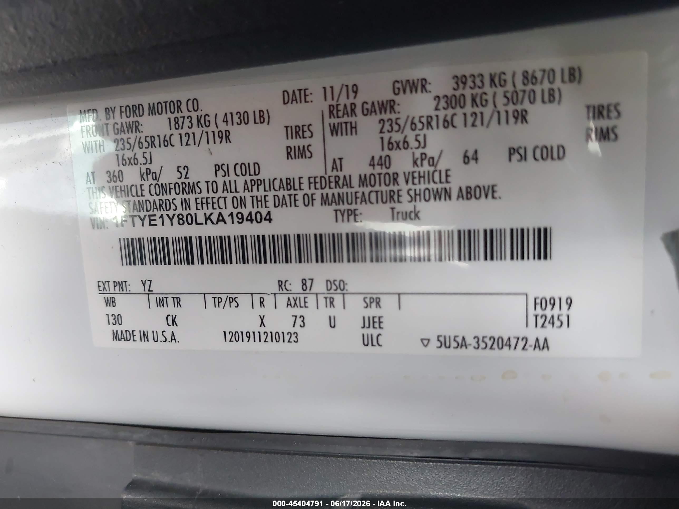 2020 Ford Transit-150 VIN 1FTYE1Y80LKA19404 IAAI salvage auction — Front End, Rebuildable (Florida), sold $5,200 on 2026-09-24 (photo 9)