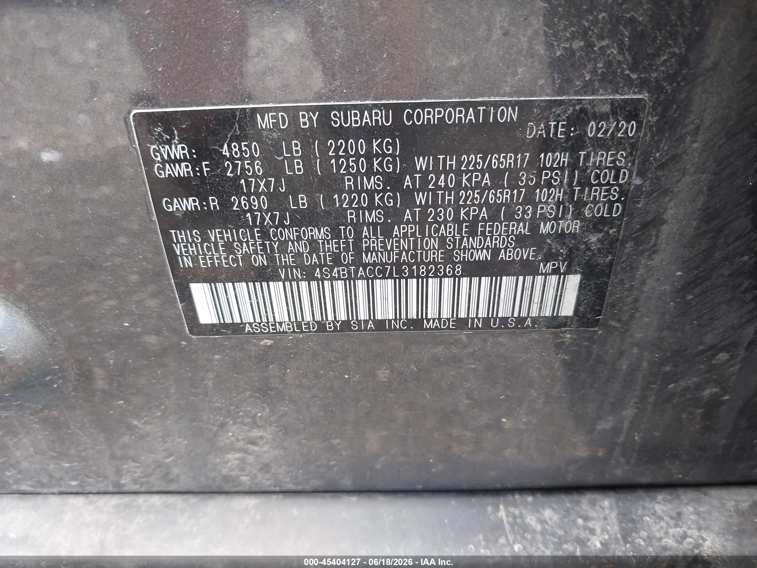 2020 Subaru Outback VIN 4S4BTACC7L3182368 IAAI salvage auction — Rear End, Salvage (Ohio), sold $4,300 on 2026-07-10 (photo 9)