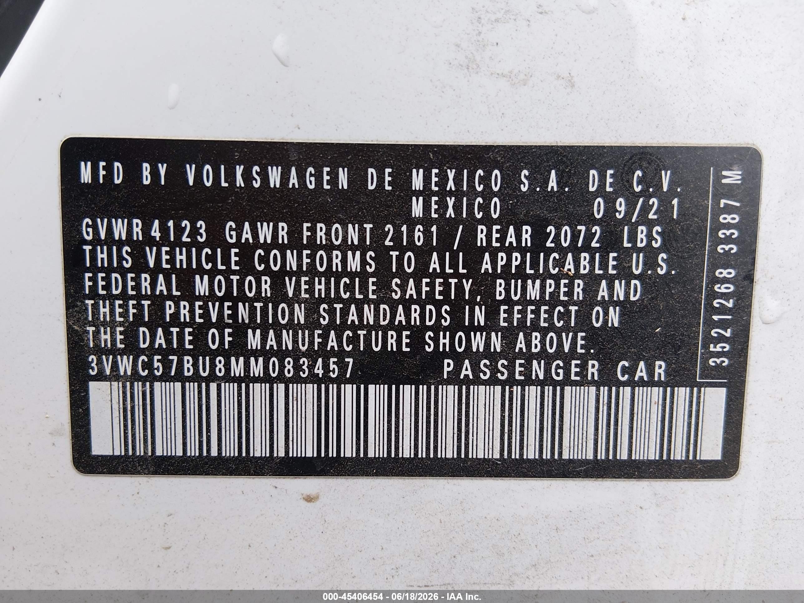 2021 Volkswagen Jetta VIN 3VWC57BU8MM083457 IAAI salvage auction — Water/Flood, Salvage (Kansas), sold $2,975 on 2026-09-09 (photo 9)