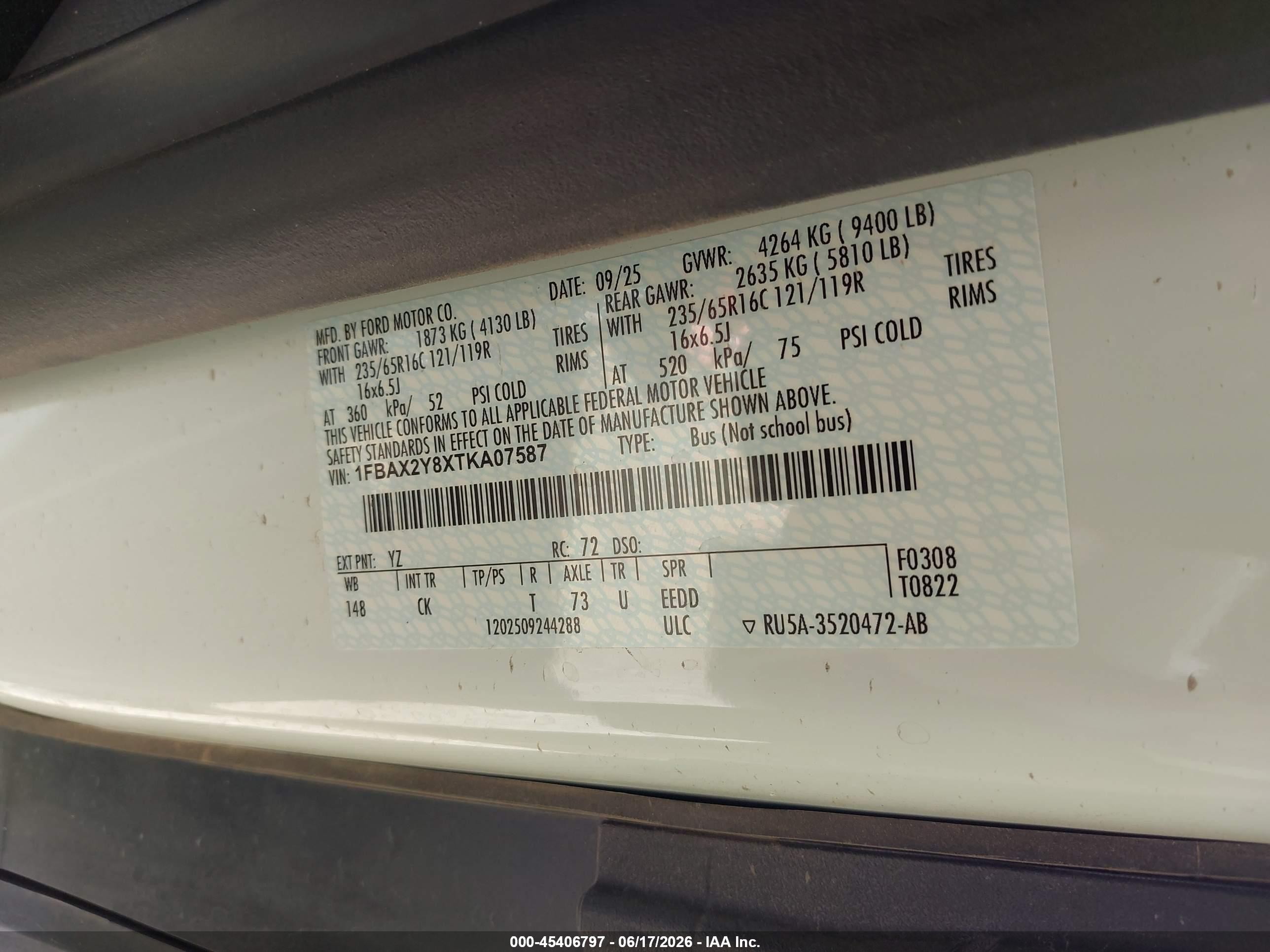 2026 Ford Transit-350 VIN 1FBAX2Y8XTKA07587 IAAI salvage auction — Side, Enterprise Vehicles Clear Only (Texas), sold $32,350 on 2026-07-07 (photo 9)