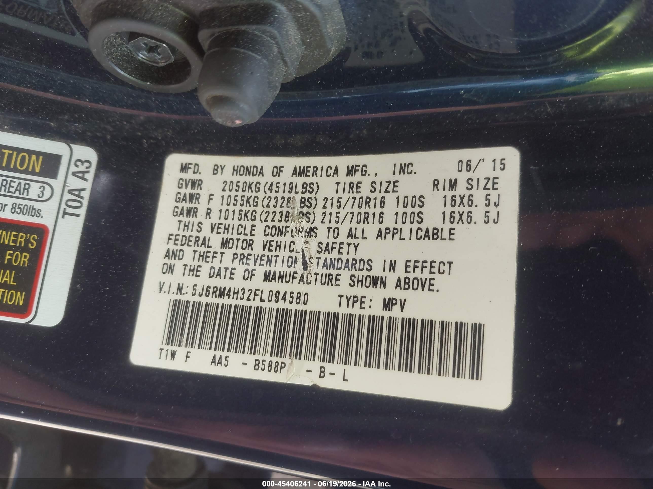 2015 Honda CR-V VIN 5J6RM4H32FL094580 IAAI salvage auction — Front End, Clear (Massachusetts), sold $3,200 on 2026-07-12 (photo 9)