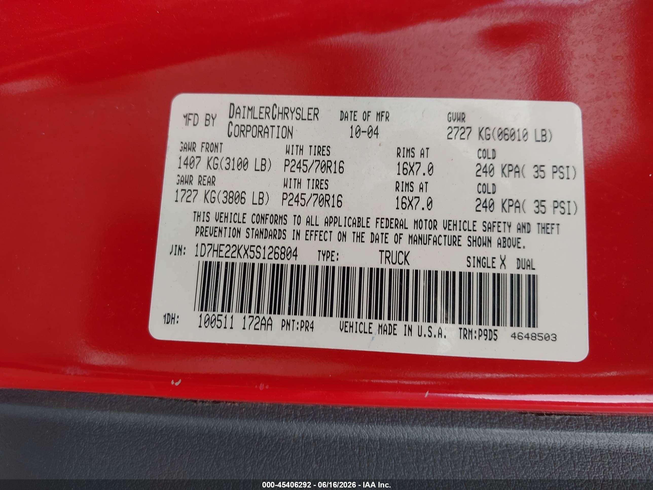 2005 Dodge Dakota VIN 1D7HE22KX5S126804 IAAI salvage auction — Rear End, Clear (Tennessee), sold $475 on 2026-07-11 (photo 9)