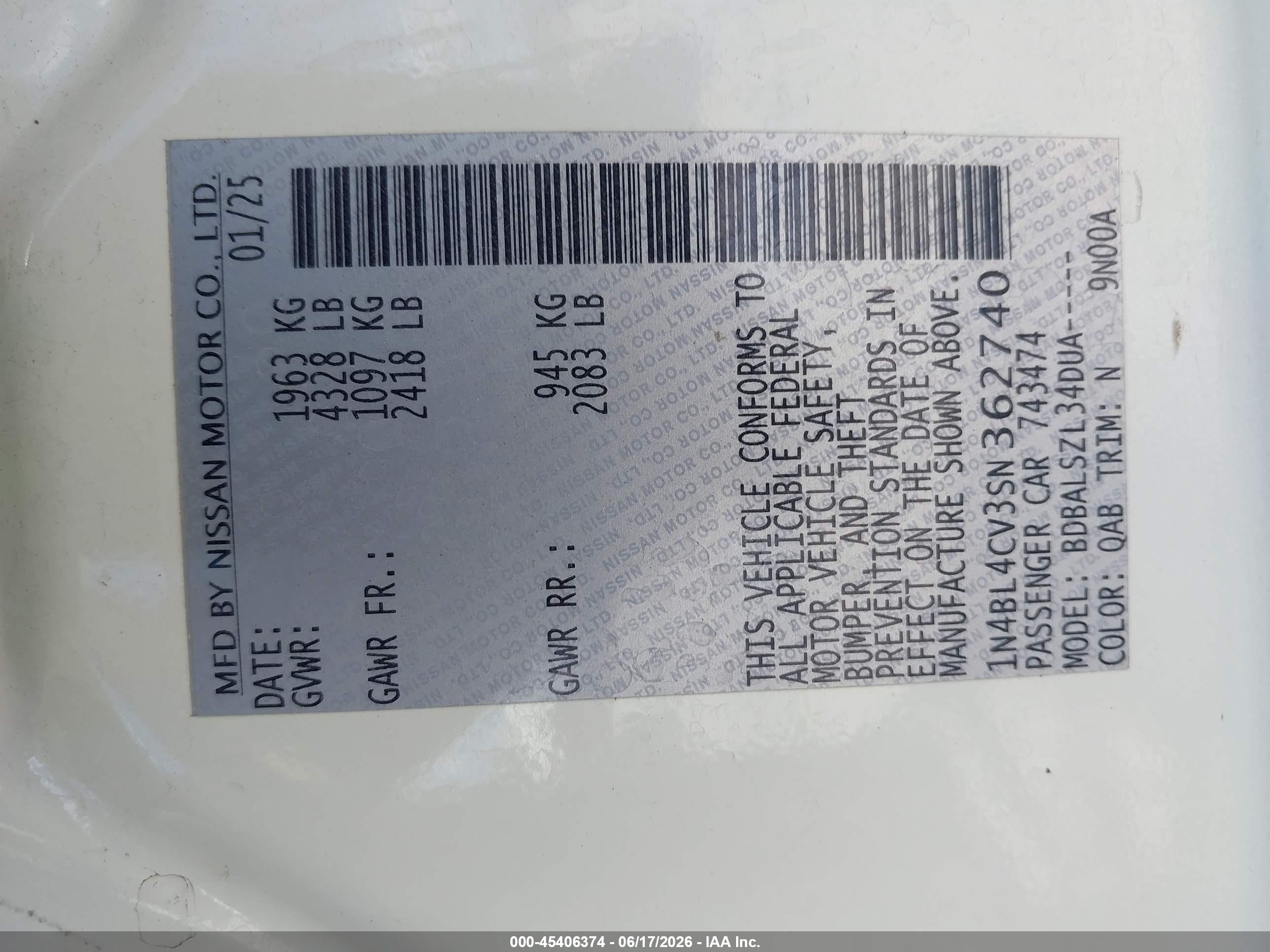 2025 Nissan Altima VIN 1N4BL4CV3SN362740 IAAI salvage auction — Front End, Rebuildable (Florida), sold $7,200 on 2026-07-09 (photo 9)