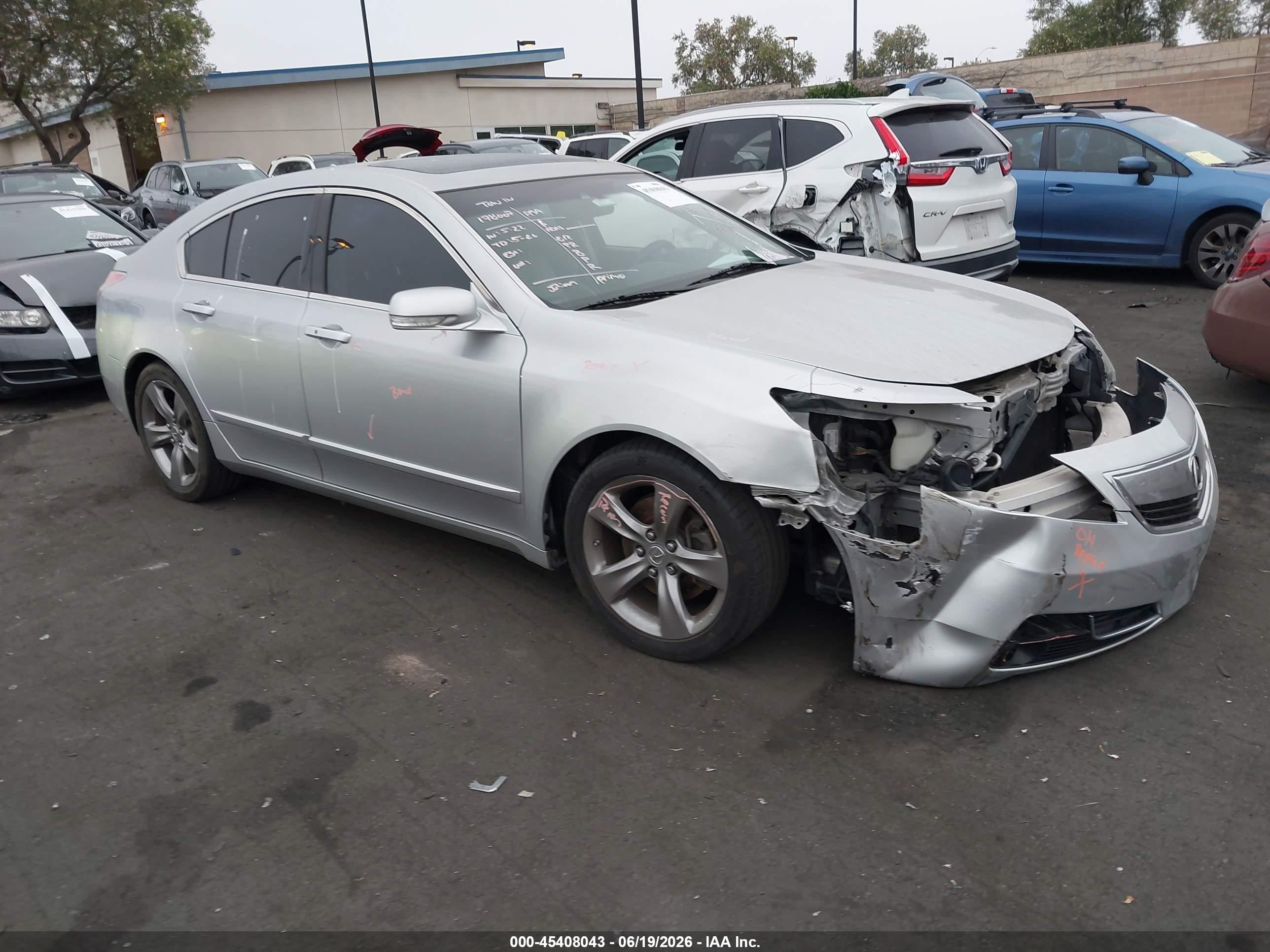 2013 Acura TL VIN 19UUA9E54DA004545 IAAI salvage auction — Front End, Salvage Certificate (California), sold $2,250 on 2026-07-12 (photo 1)