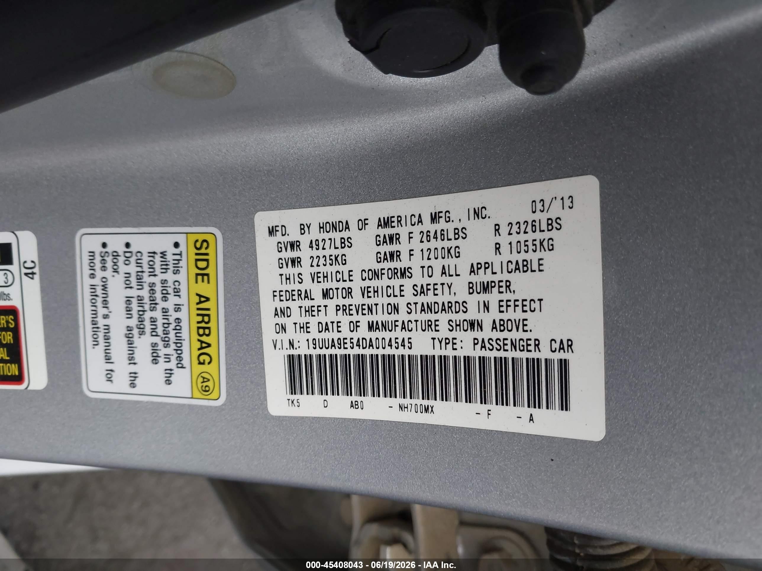 2013 Acura TL VIN 19UUA9E54DA004545 IAAI salvage auction — Front End, Salvage Certificate (California), sold $2,250 on 2026-07-12 (photo 9)