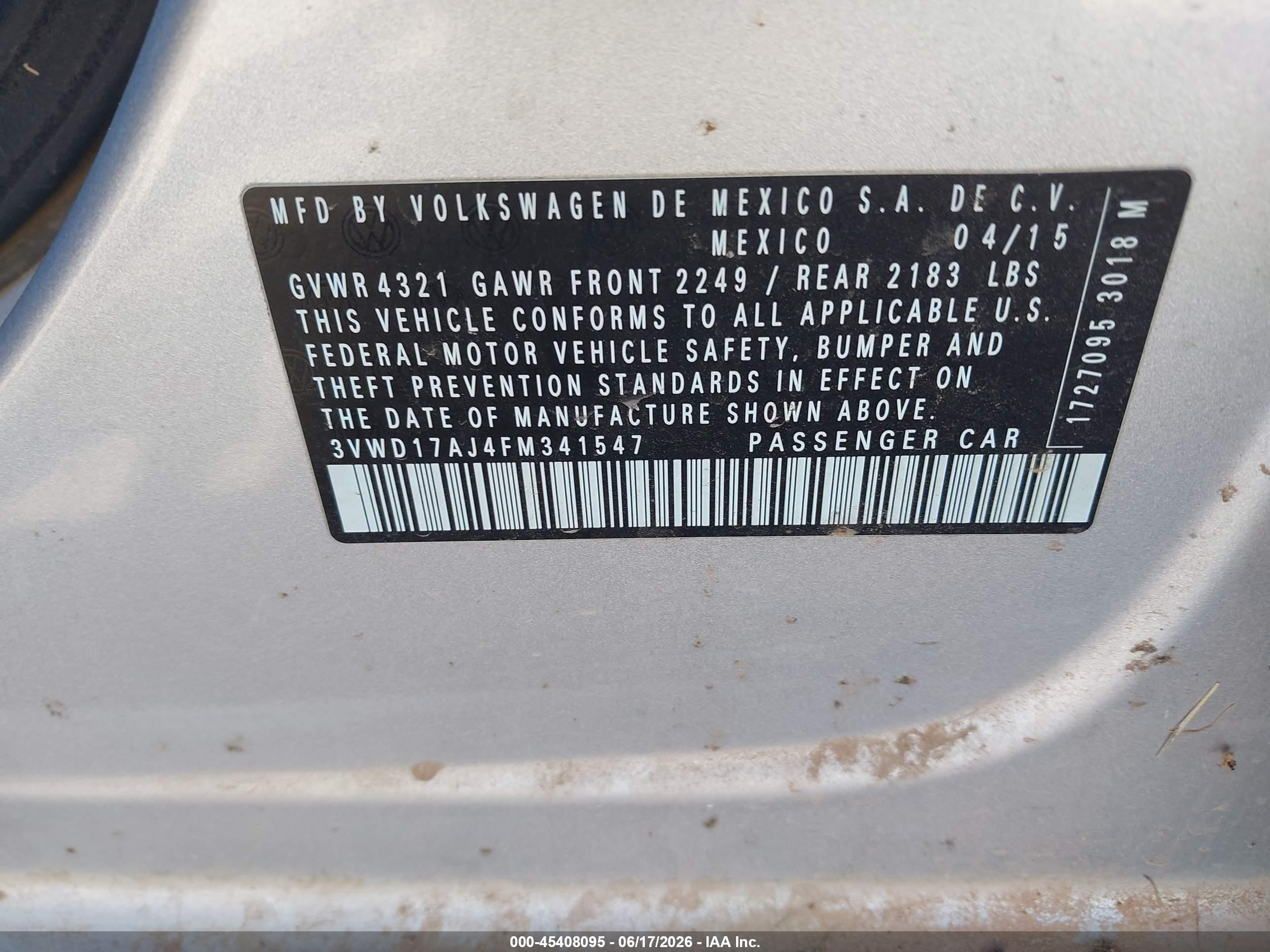2015 Volkswagen Jetta VIN 3VWD17AJ4FM341547 IAAI salvage auction — Normal Wear, Clear-Dealer Only (Arizona), sold $625 on 2026-07-02 (photo 9)