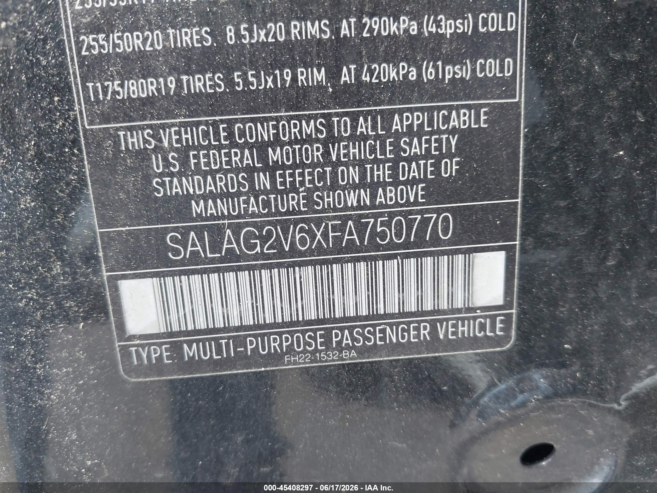 2015 Land Rover LR4 VIN SALAG2V6XFA750770 IAAI salvage auction — Normal Wear, Clear (New Jersey), sold $1,100 on 2026-06-30 (photo 9)