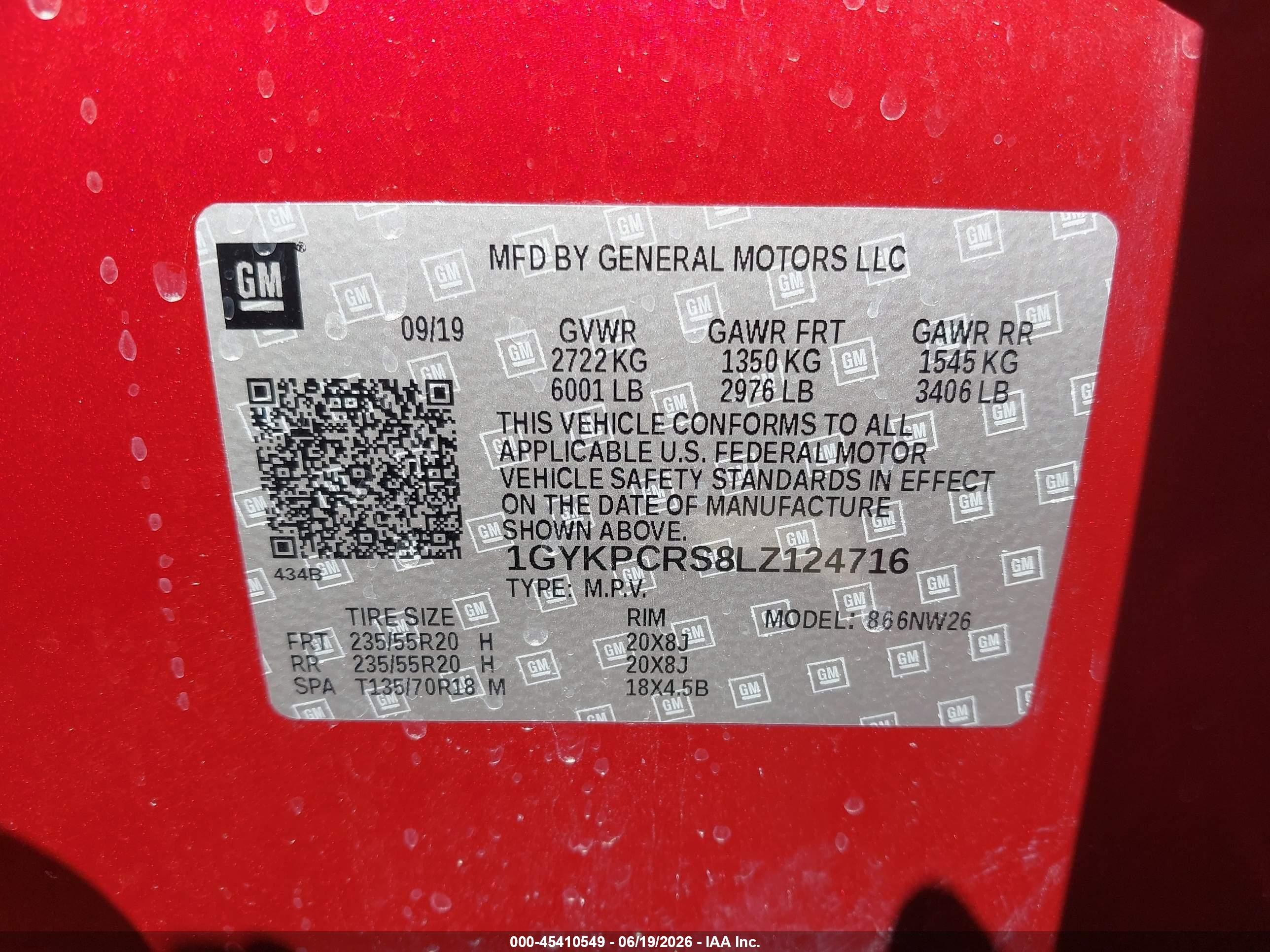 2020 Cadillac XT6 VIN 1GYKPCRS8LZ124716 IAAI salvage auction — Hail, Salvage (Kansas), sold $9,300 on 2026-07-12 (photo 9)