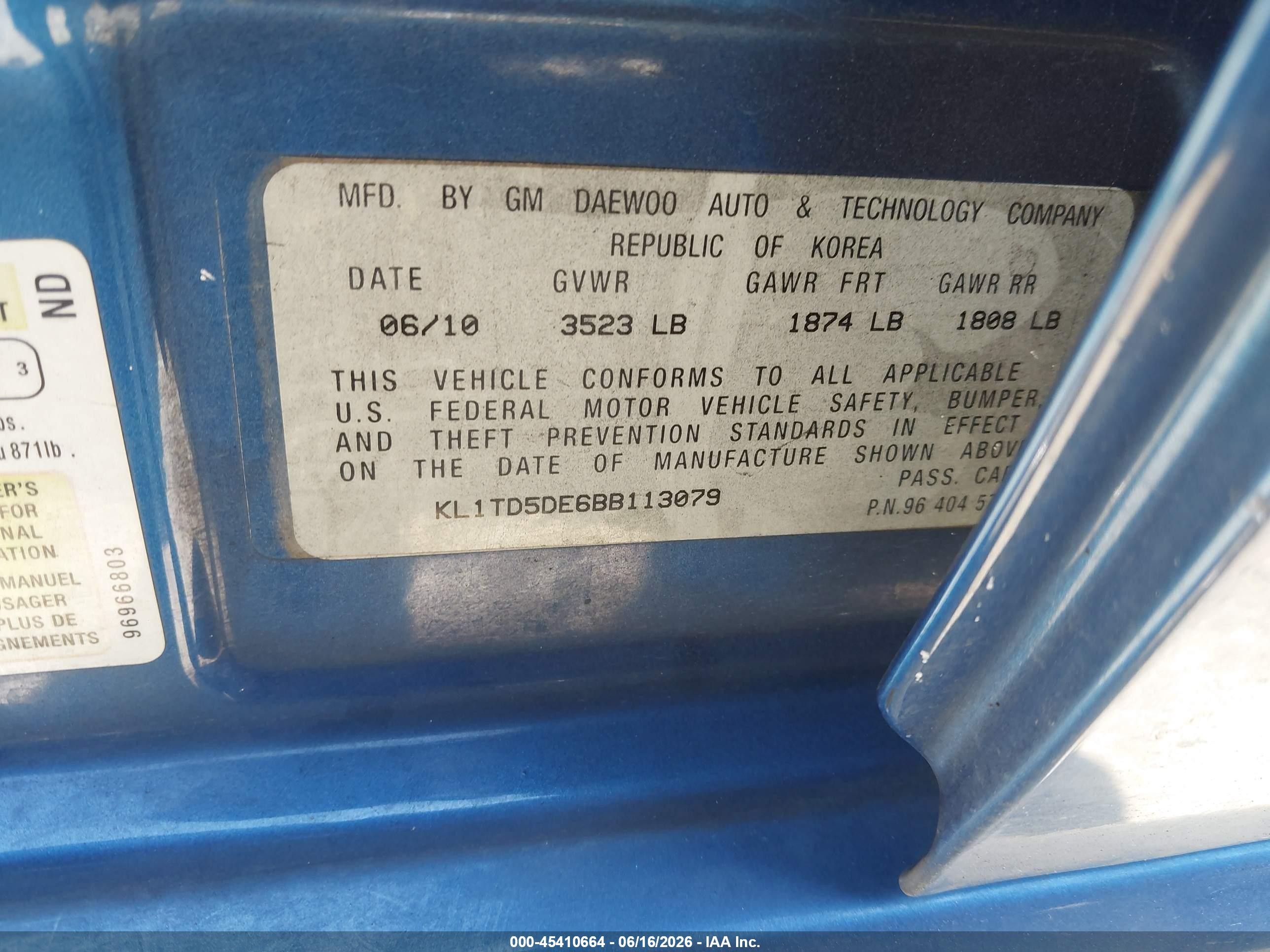 2011 Chevrolet Aveo VIN KL1TD5DE6BB113079 IAAI salvage auction — Normal Wear, Clear - Dealer Only (California), sold $375 on 2026-07-09 (photo 9)