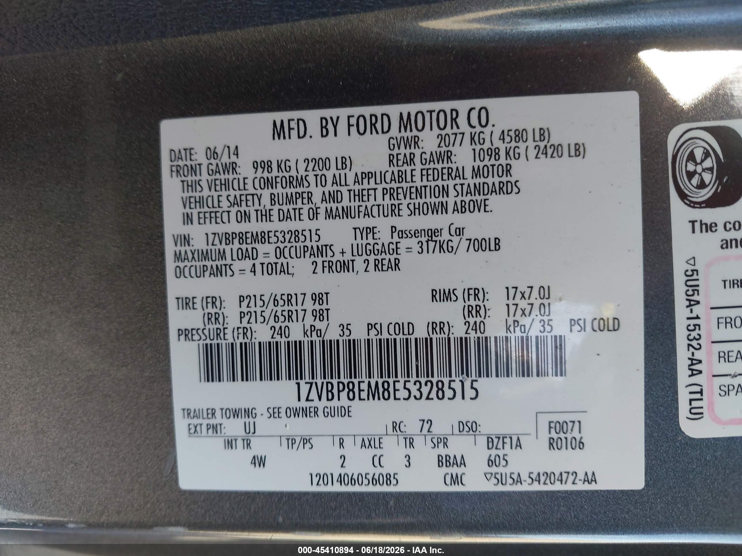 2014 Ford Mustang VIN 1ZVBP8EM8E5328515 IAAI salvage auction — Front End, Salvage (Arizona), sold $325 on 2026-07-09 (photo 9)