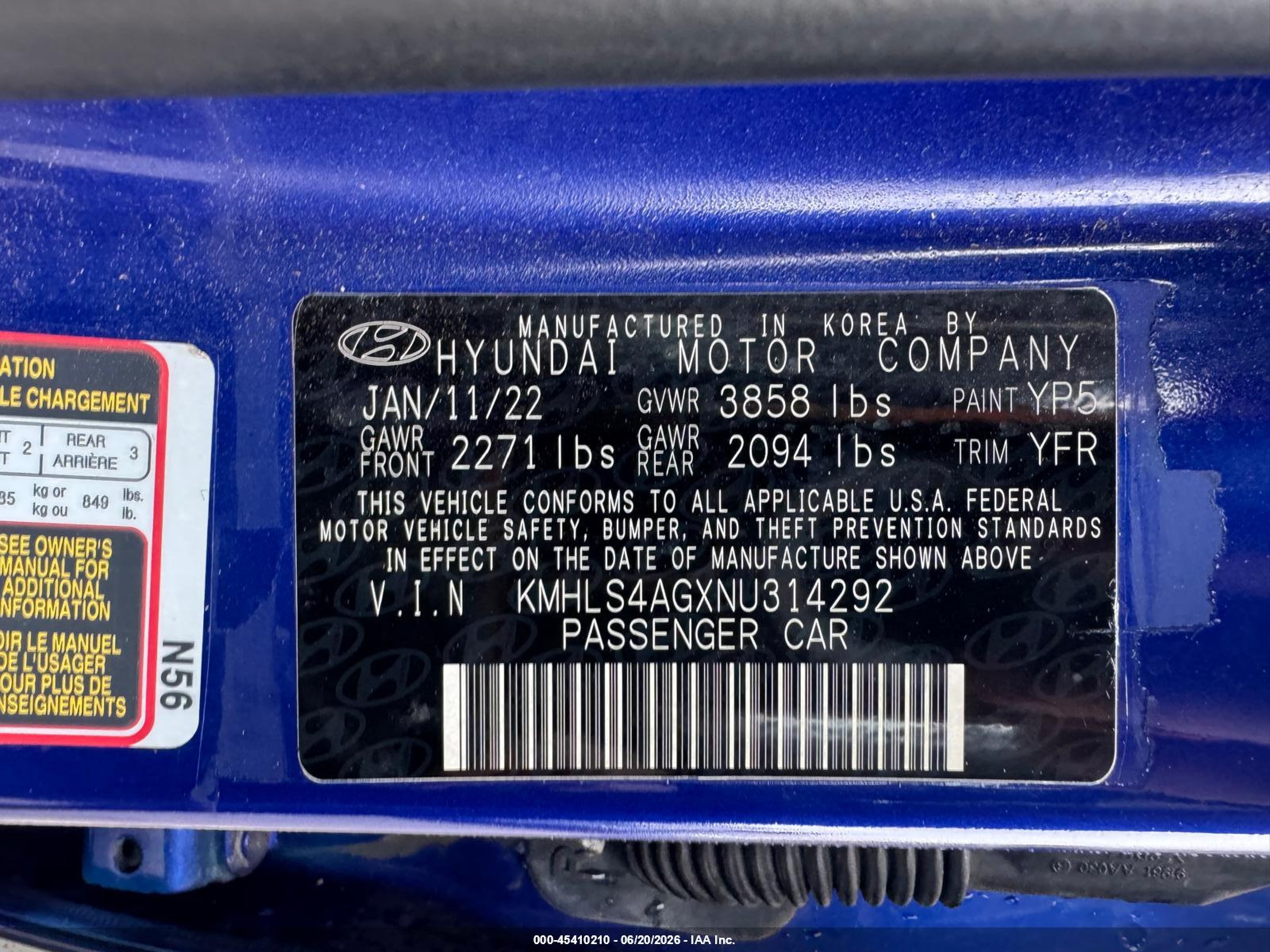 2022 Hyundai Elantra VIN KMHLS4AGXNU314292 IAAI salvage auction — UNKNOWN, Clear (California), sold $3,975 on 2026-07-15 (photo 9)