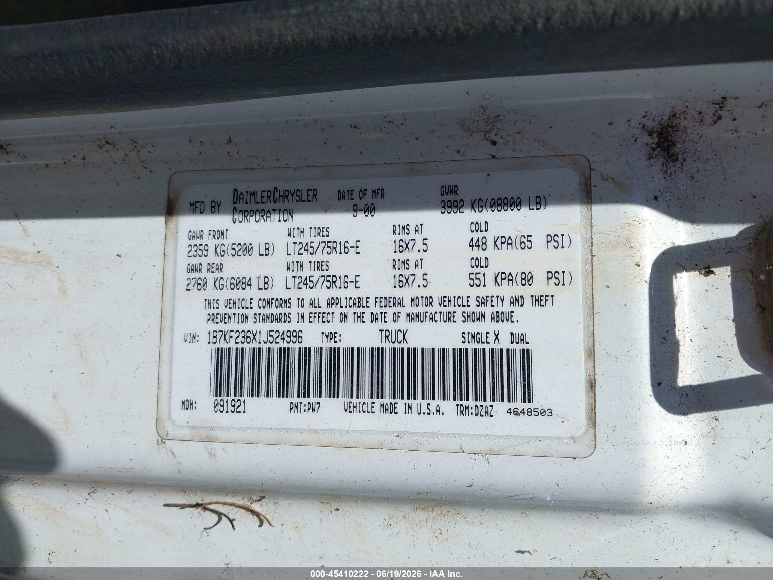 2001 Dodge Ram 2500 VIN 1B7KF236X1J524996 IAAI salvage auction — Normal Wear, Clear-Dealer Only (Oregon), sold $625 on 2026-07-09 (photo 9)