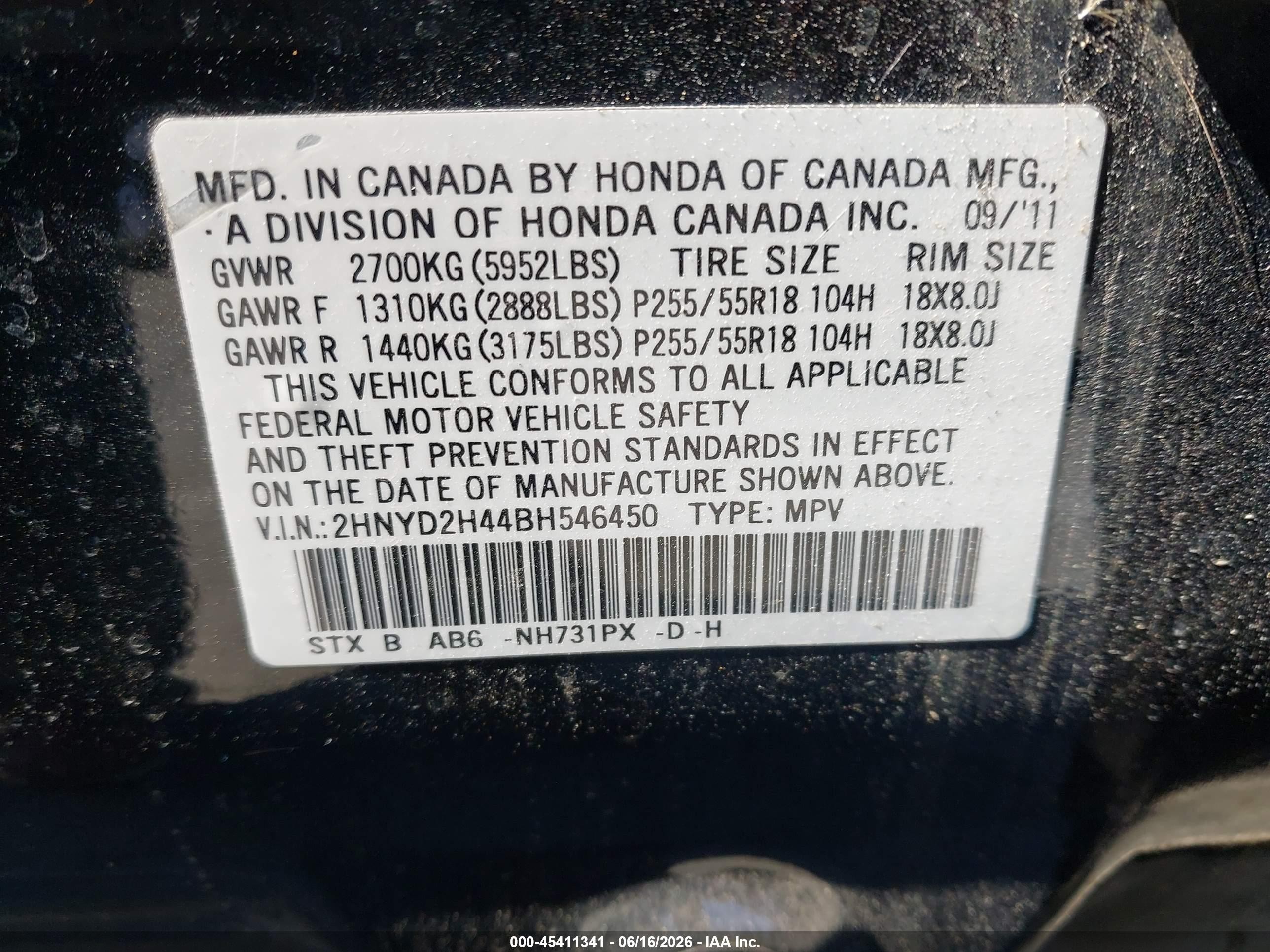 2011 Acura MDX VIN 2HNYD2H44BH546450 IAAI salvage auction — Normal Wear, Clear - Dealer Only (California), sold $1,300 on 2026-07-06 (photo 9)