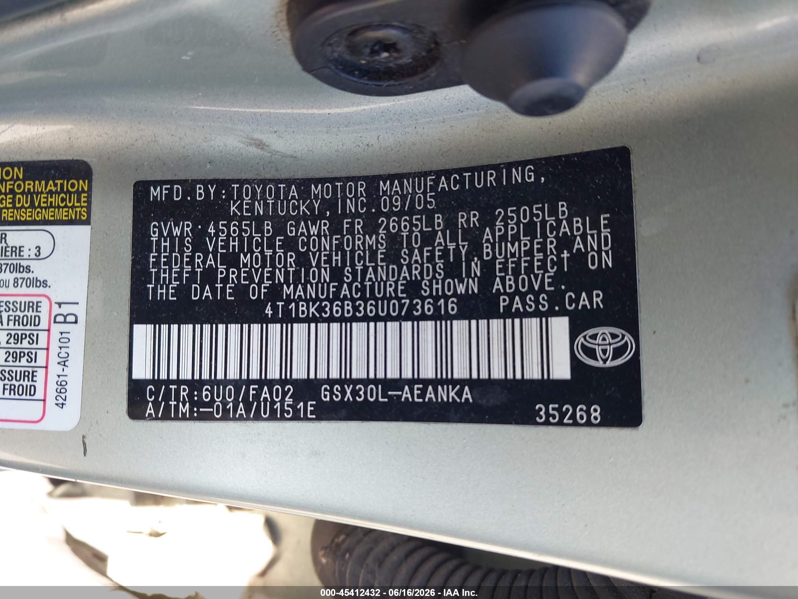 2006 Toyota Avalon VIN 4T1BK36B36U073616 IAAI salvage auction — Normal Wear, Clear - Dealer Only (California), sold $475 on 2026-07-09 (photo 9)