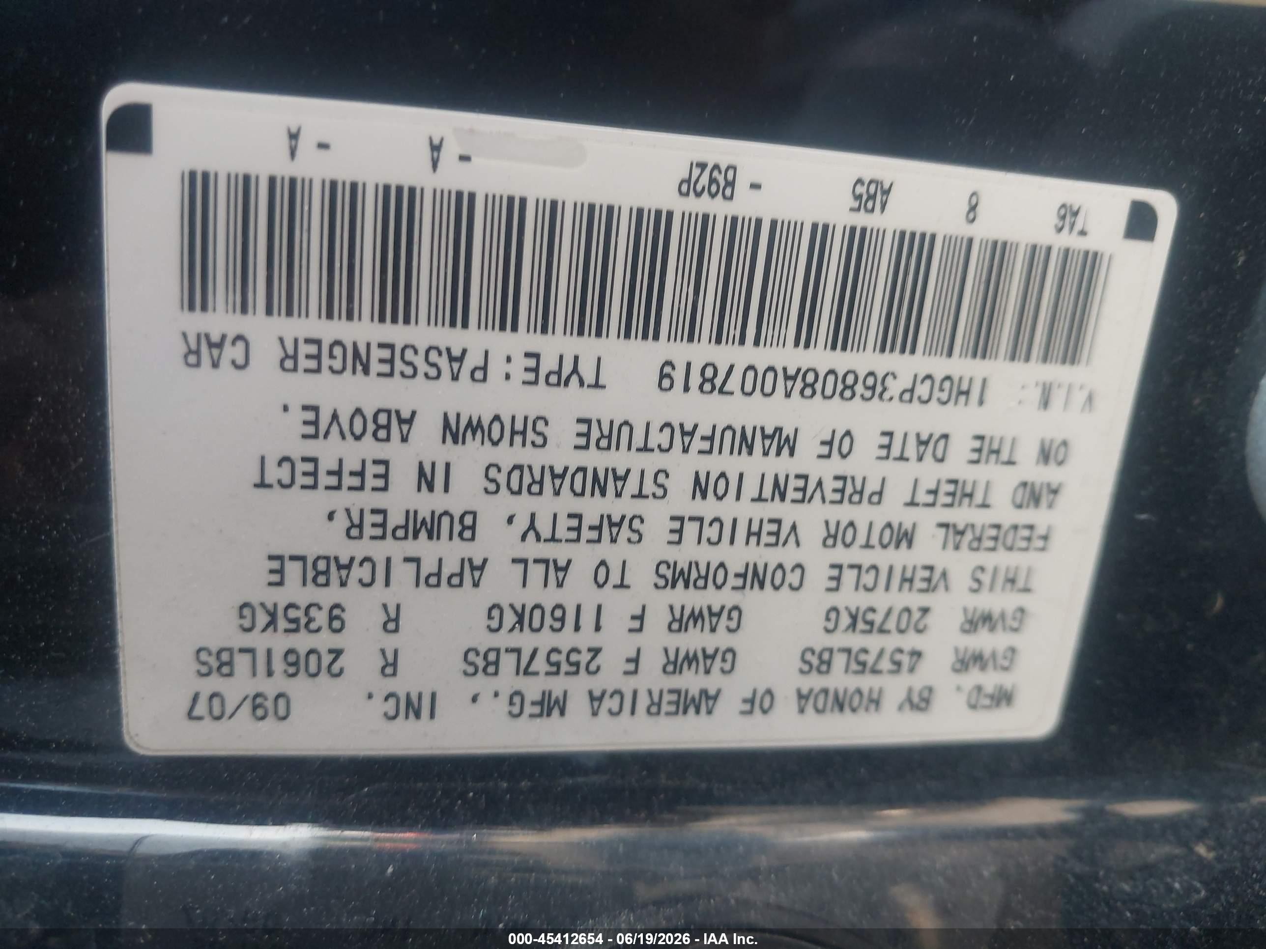 2008 Honda Accord VIN 1HGCP36808A007819 IAAI salvage auction — Front & Rear, Clear (Idaho), sold $575 on 2026-07-09 (photo 9)