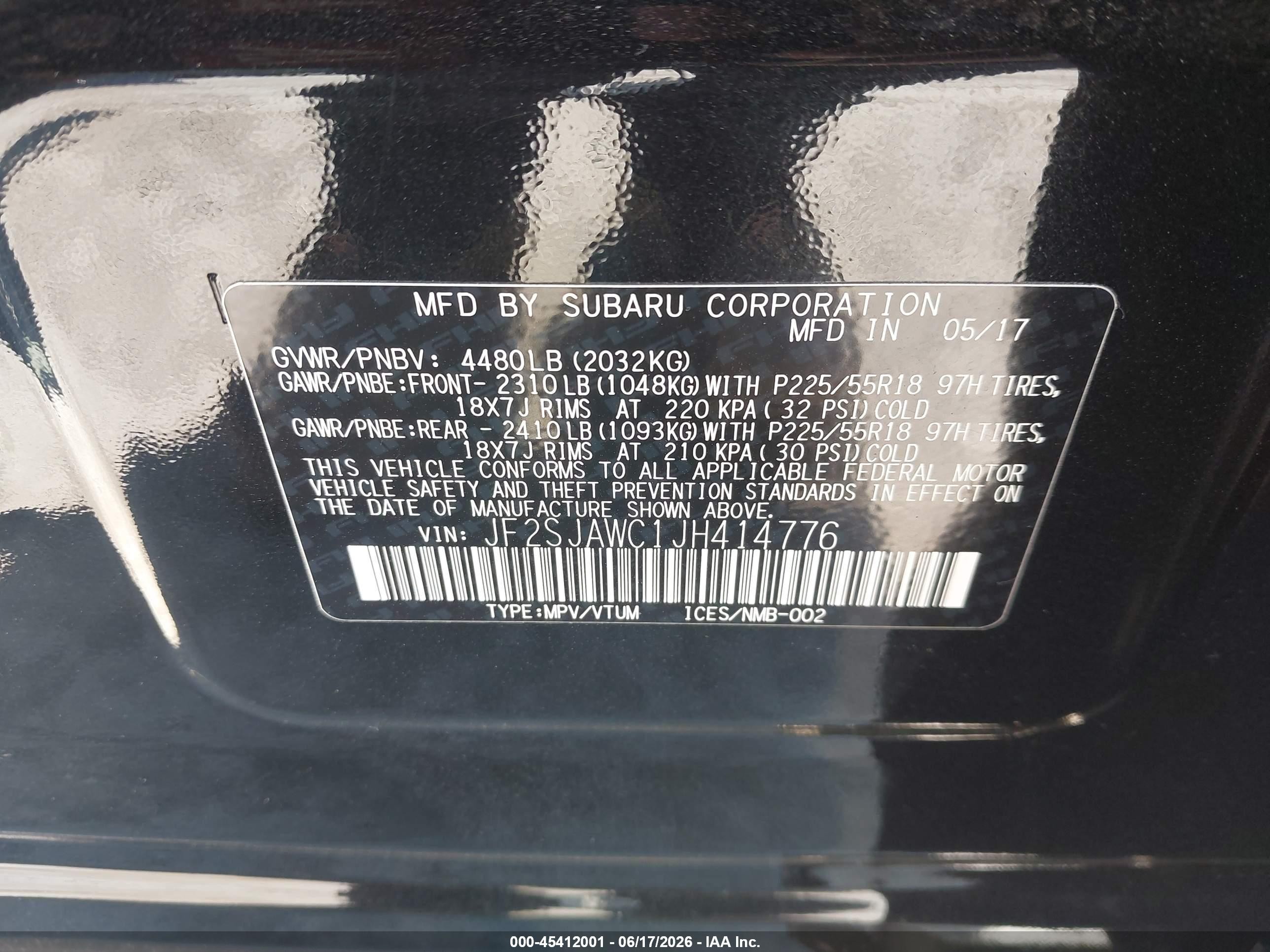 2018 Subaru Forester VIN JF2SJAWC1JH414776 IAAI salvage auction — Unknown, Salvage (California), sold $4,300 on 2026-07-06 (photo 9)