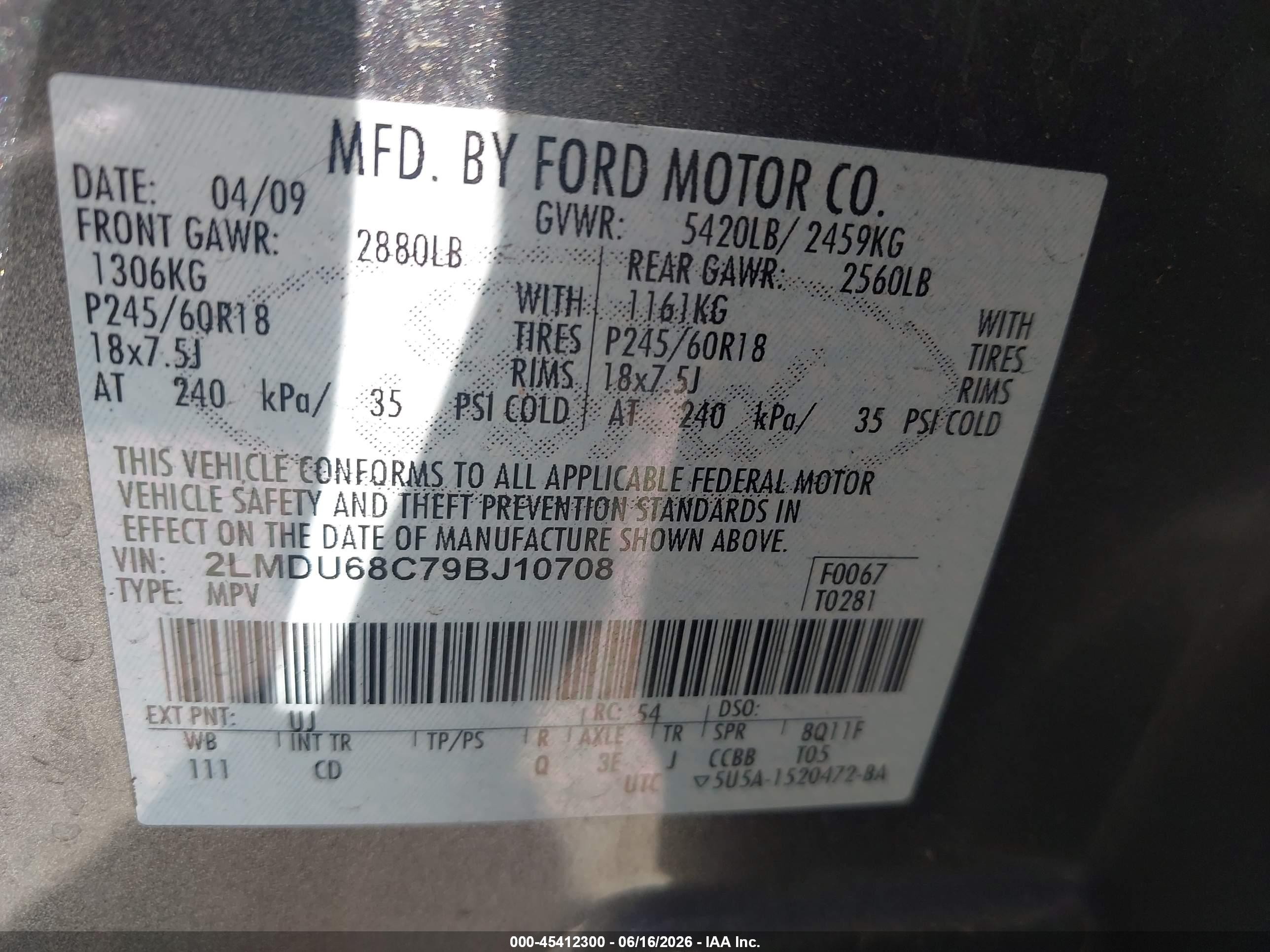 2009 Lincoln MKX VIN 2LMDU68C79BJ10708 IAAI salvage auction — Normal Wear, Clear - Dealer Only (California), sold $375 on 2026-07-09 (photo 9)