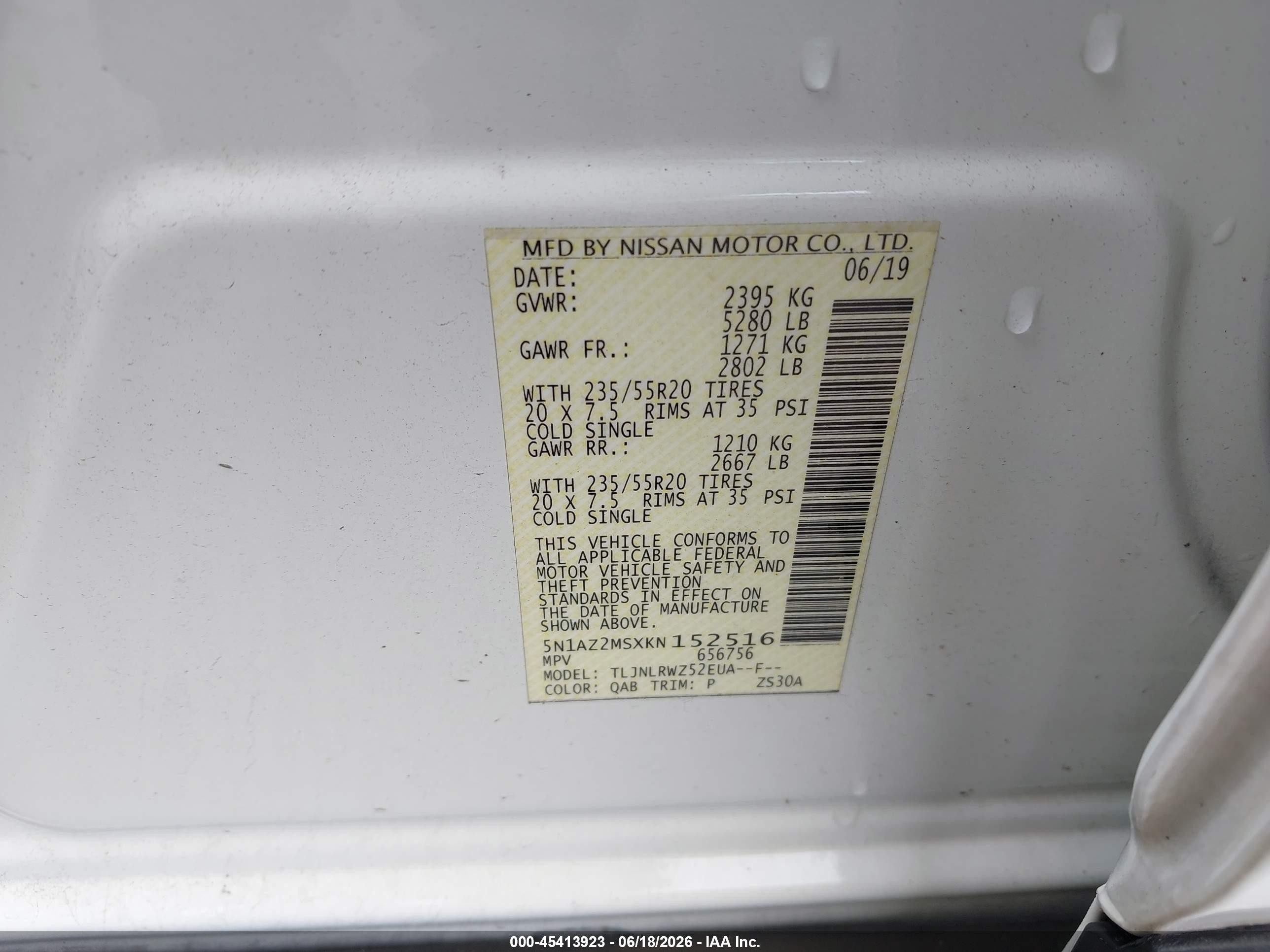 2019 Nissan Murano VIN 5N1AZ2MSXKN152516 IAAI salvage auction — Front End, Salvage - Greater Than 75% (Maryland), sold $2,850 on 2026-07-11 (photo 9)