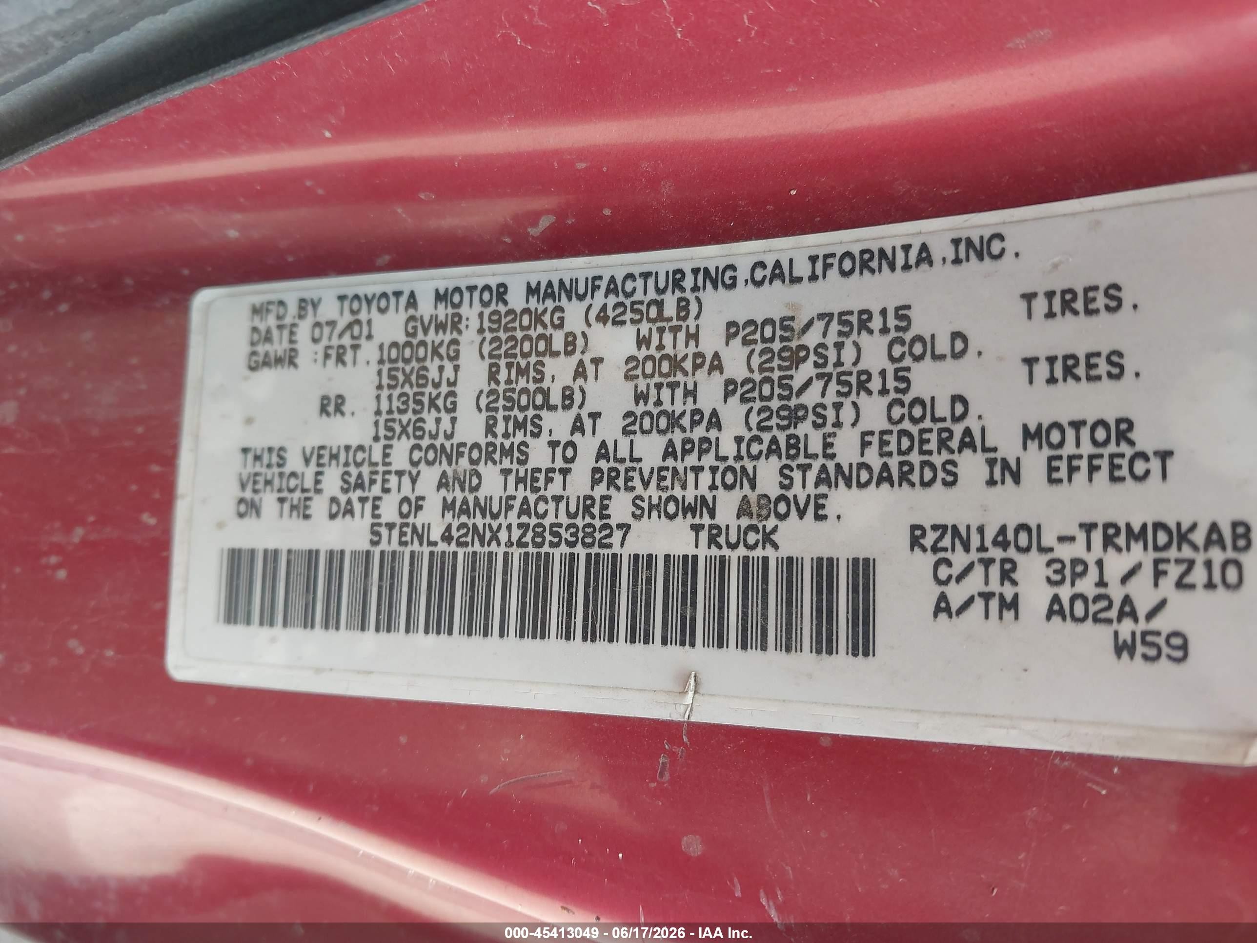2001 Toyota Tacoma VIN 5TENL42NX1Z853827 IAAI salvage auction — Front End, Salvage (Arizona), sold $900 on 2026-07-09 (photo 9)