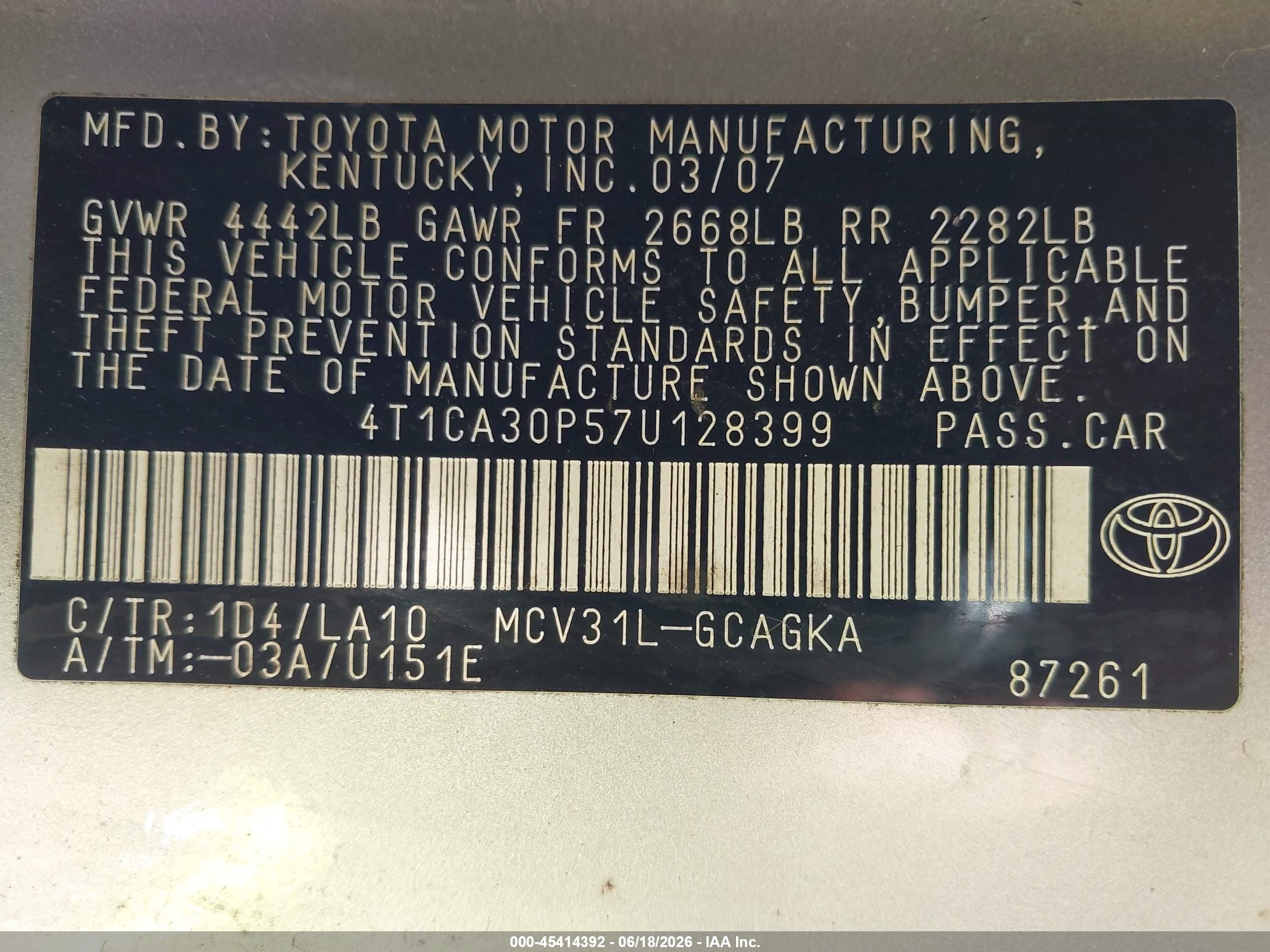2007 Toyota Camry VIN 4T1CA30P57U128399 IAAI salvage auction — Front End, Salvage (North Carolina), sold $1,700 on 2026-07-12 (photo 9)