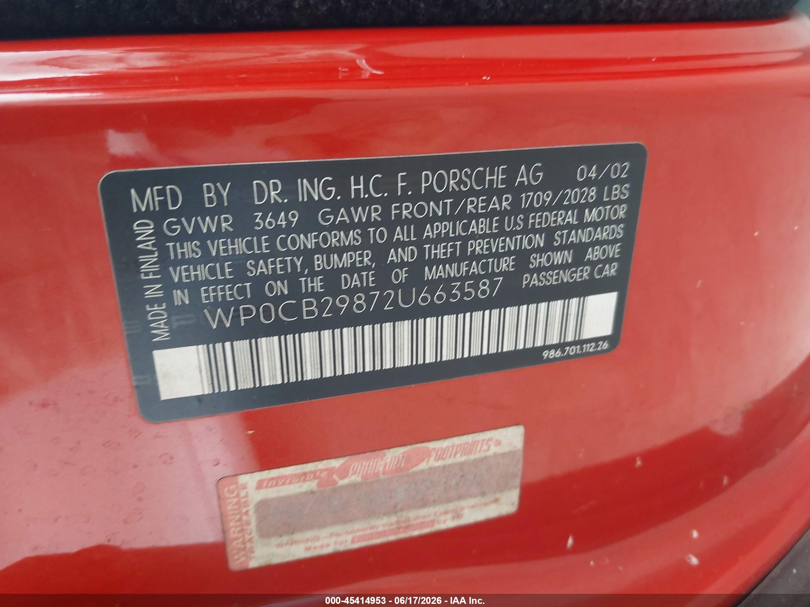 2002 Porsche Boxster VIN WP0CB29872U663587 IAAI salvage auction — Normal Wear, Original (Texas), sold $2,500 on 2026-06-30 (photo 9)