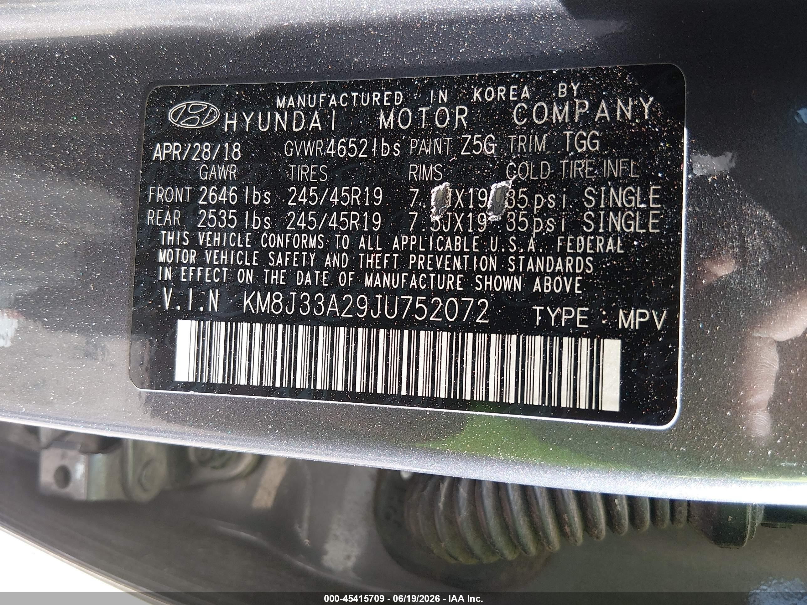 2018 Hyundai Tucson VIN KM8J33A29JU752072 IAAI salvage auction — Front End, Salvage (Arizona), sold $3,750 on 2026-07-09 (photo 9)