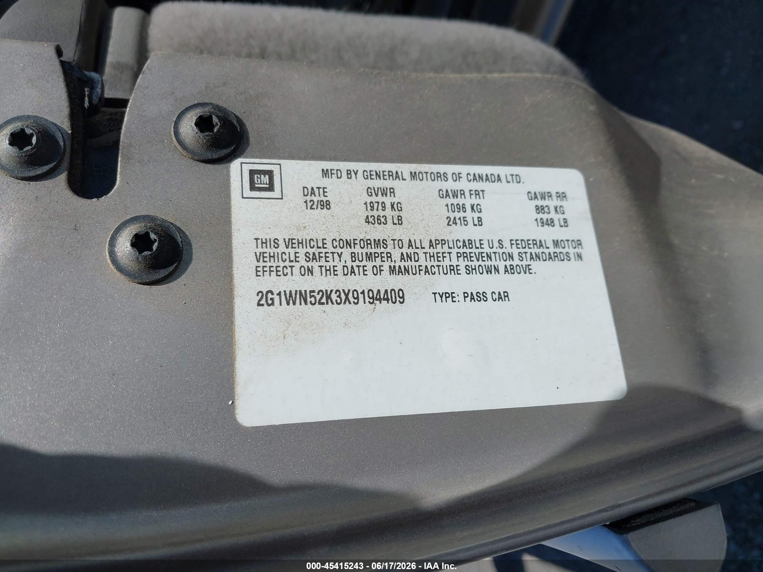 1999 Chevrolet Lumina VIN 2G1WN52K3X9194409 IAAI salvage auction — Normal Wear, Clear (California), sold $100 on 2026-07-09 (photo 9)