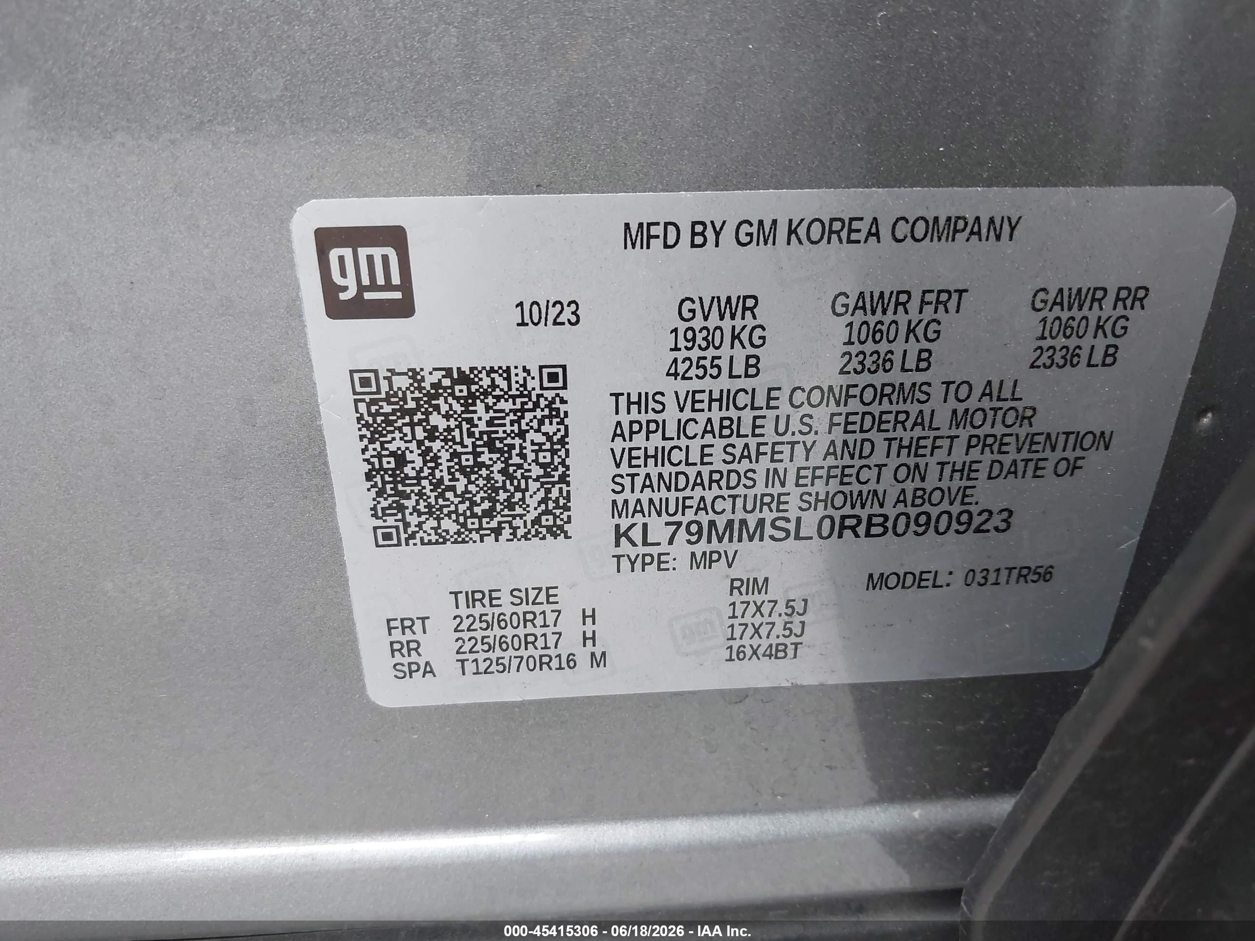 2024 Chevrolet Trailblazer VIN KL79MMSL0RB090923 IAAI salvage auction — Front End, Salvage Certificate (California), sold $4,800 on 2026-07-12 (photo 9)