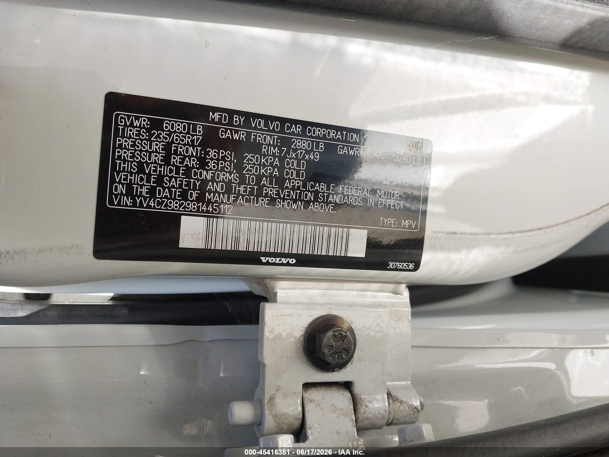 2008 Volvo XC90 VIN YV4CZ982981445112 IAAI salvage auction — Normal Wear, Clear - Dealer Only (California), sold $425 on 2026-07-02 (photo 9)