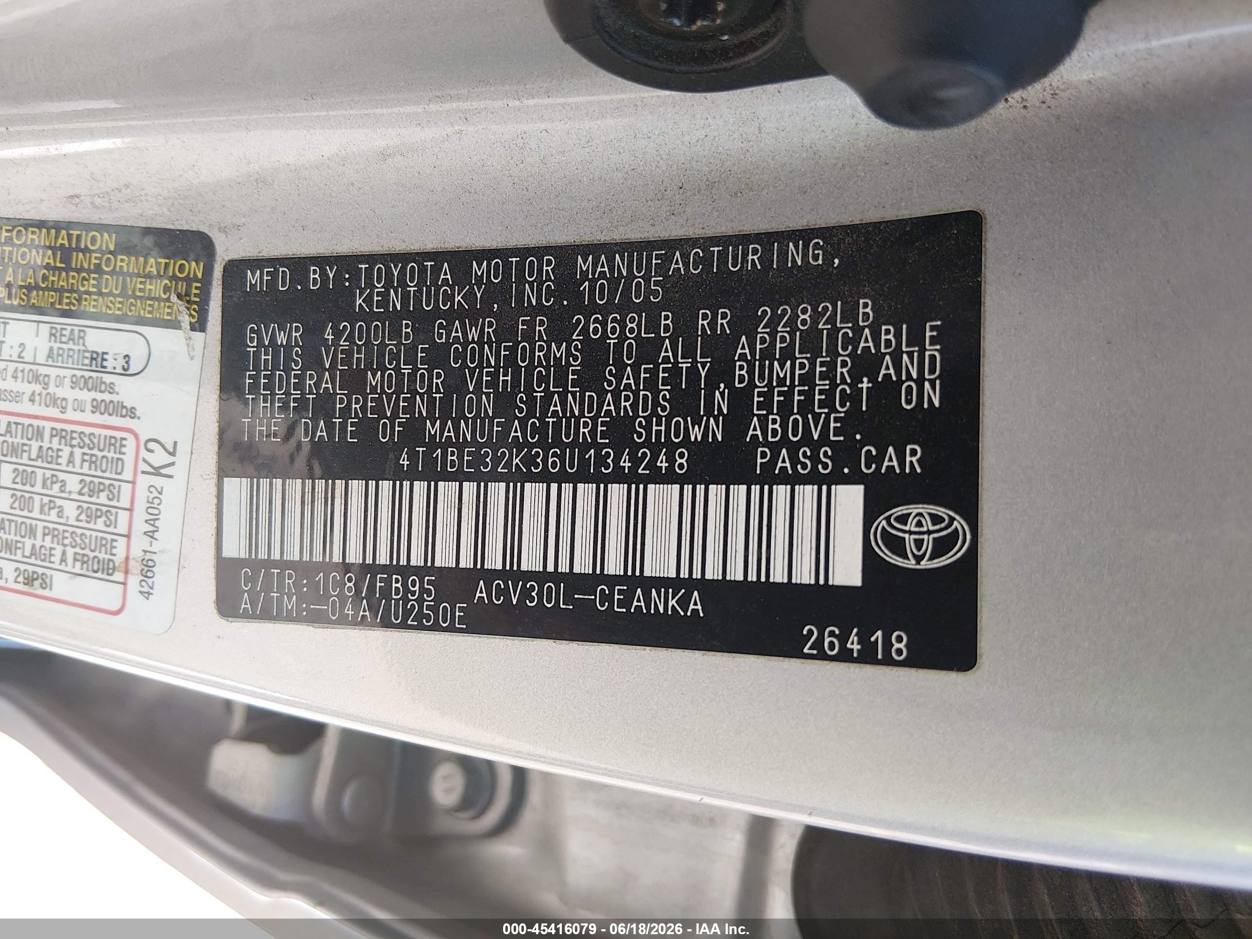 2006 Toyota Camry VIN 4T1BE32K36U134248 IAAI salvage auction — Front End, Salvage (Arizona), sold $1,475 on 2026-07-09 (photo 9)