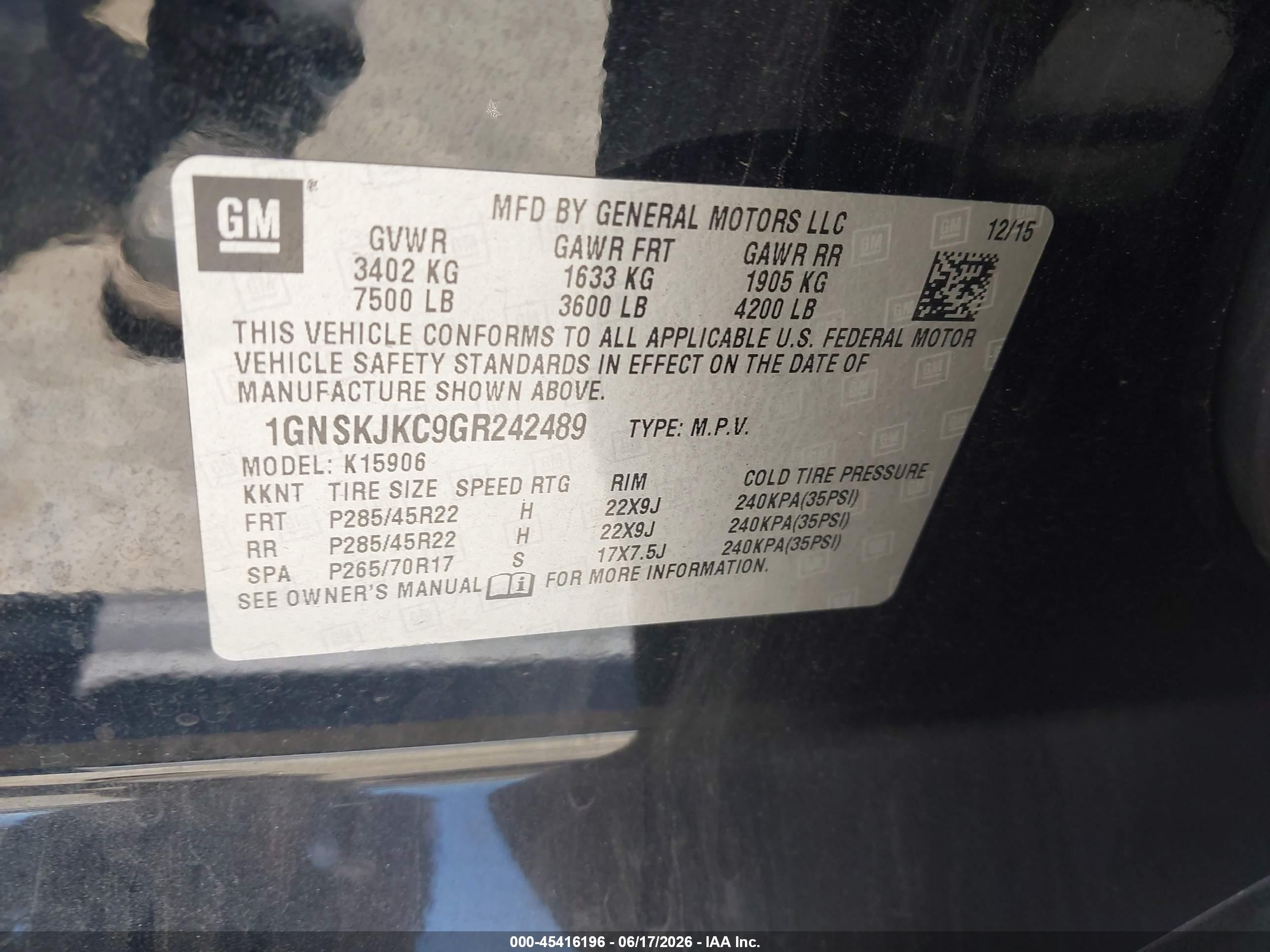 2016 Chevrolet Suburban VIN 1GNSKJKC9GR242489 IAAI salvage auction — Normal Wear, Clear - Dealer Only (California), sold $2,850 on 2026-07-09 (photo 9)