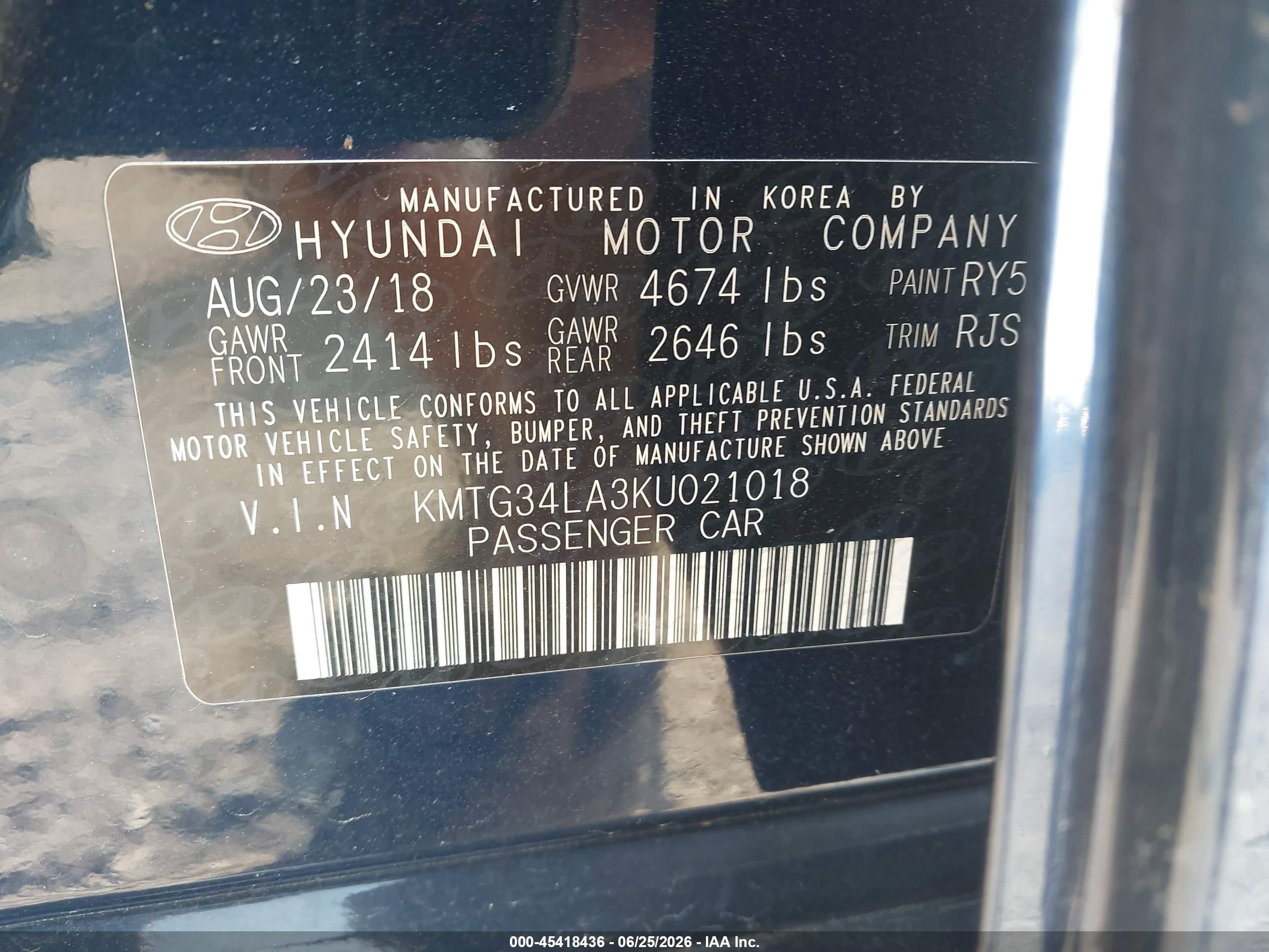 2019 Genesis G70 VIN KMTG34LA3KU021018 IAAI salvage auction — Unknown, Salvage (Arkansas), sold $3,800 on 2026-09-10 (photo 9)