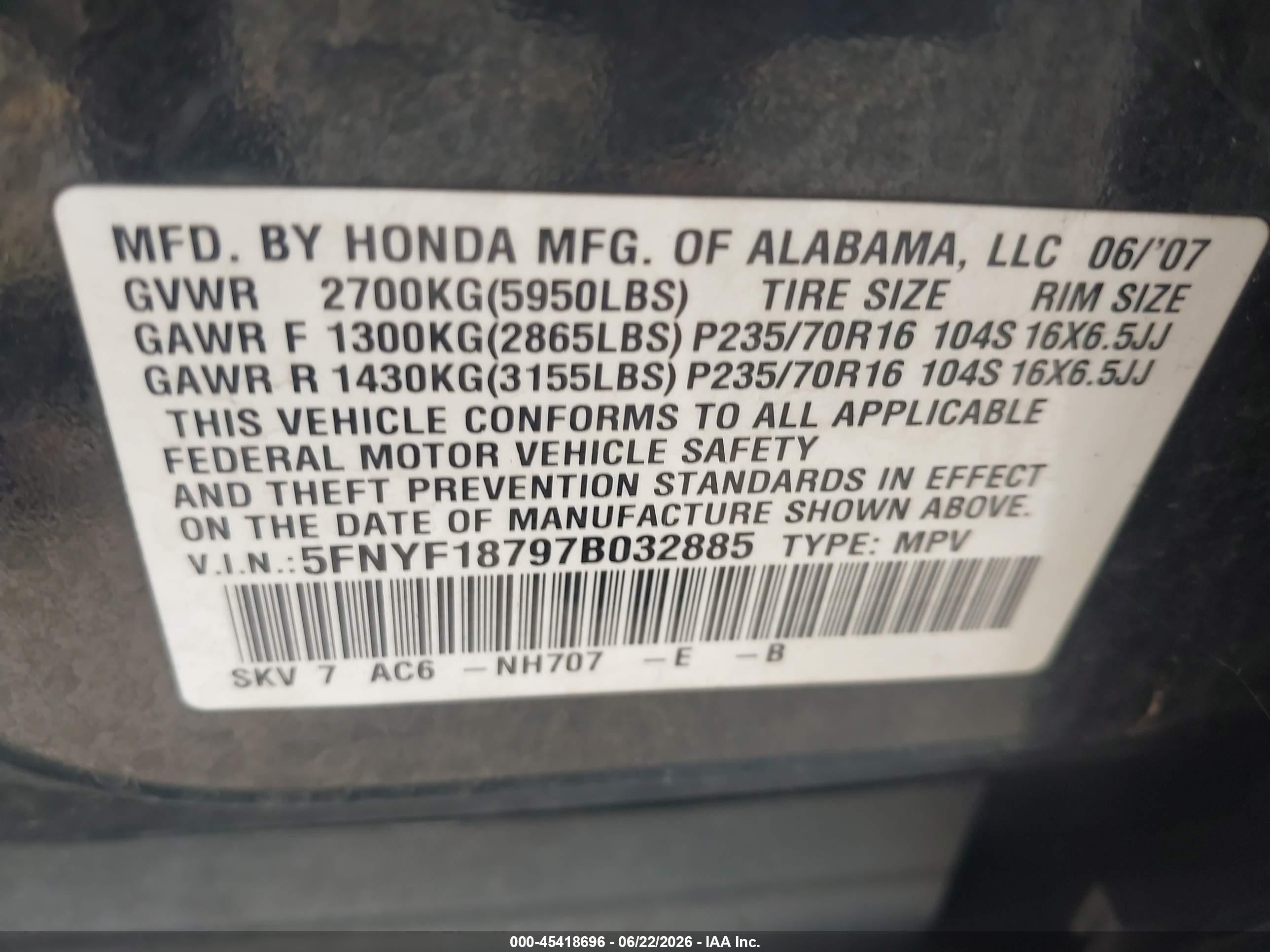 2007 Honda Pilot VIN 5FNYF18797B032885 IAAI salvage auction — Normal Wear, Clear (Utah), sold $350 on 2026-07-09 (photo 9)