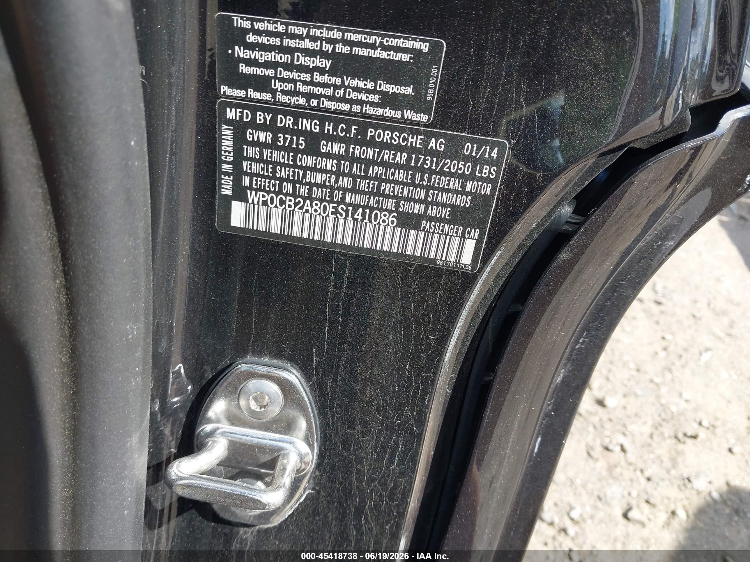 2014 Porsche Boxster VIN WP0CB2A80ES141086 IAAI salvage auction — Rear End, Salvage (Massachusetts), sold $15,100 on 2026-09-05 (photo 9)