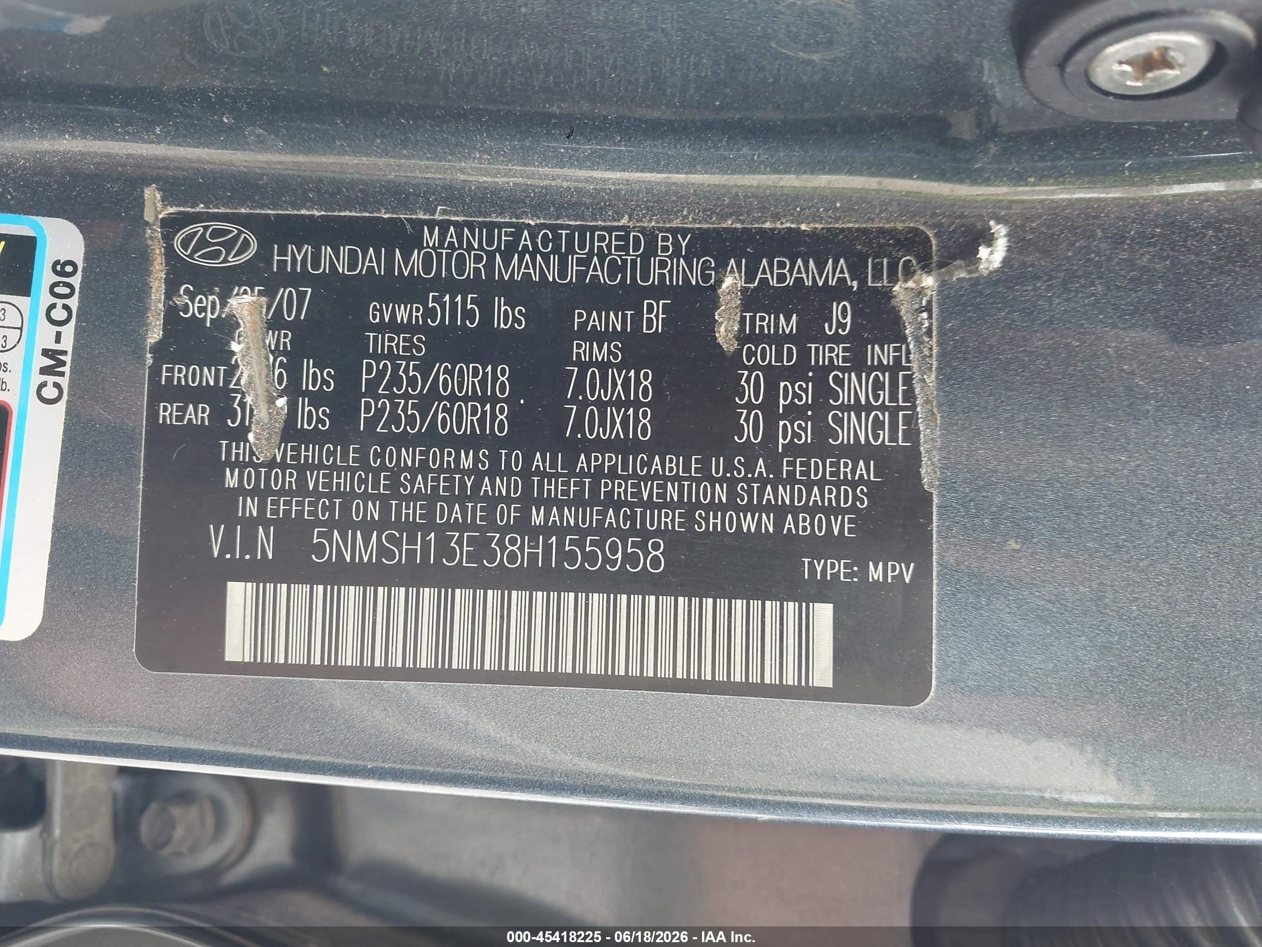 2008 Hyundai Santa Fe VIN 5NMSH13E38H155958 IAAI salvage auction — Side, Salvage (Georgia), sold $1,550 on 2026-07-11 (photo 9)