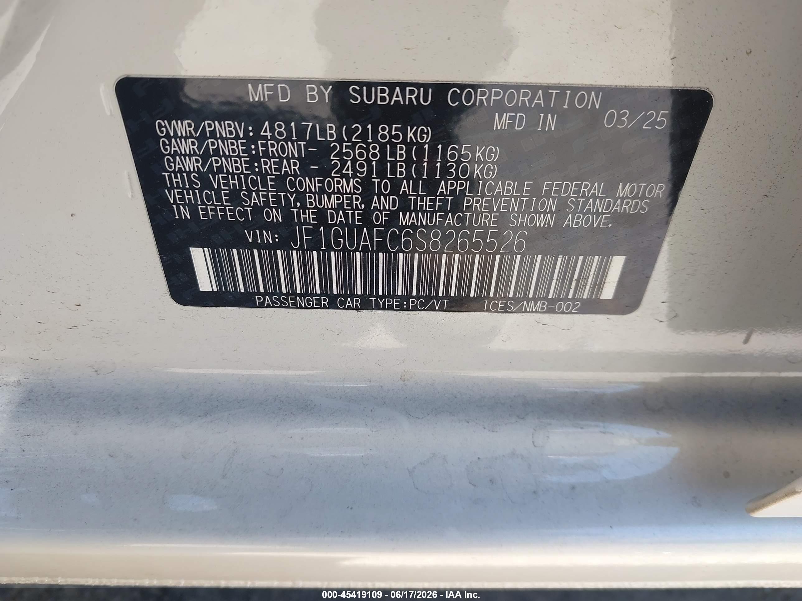 2025 Subaru Impreza VIN JF1GUAFC6S8265526 IAAI salvage auction — Rear End, Mv-907A (New York), sold $7,700 on 2026-07-09 (photo 9)