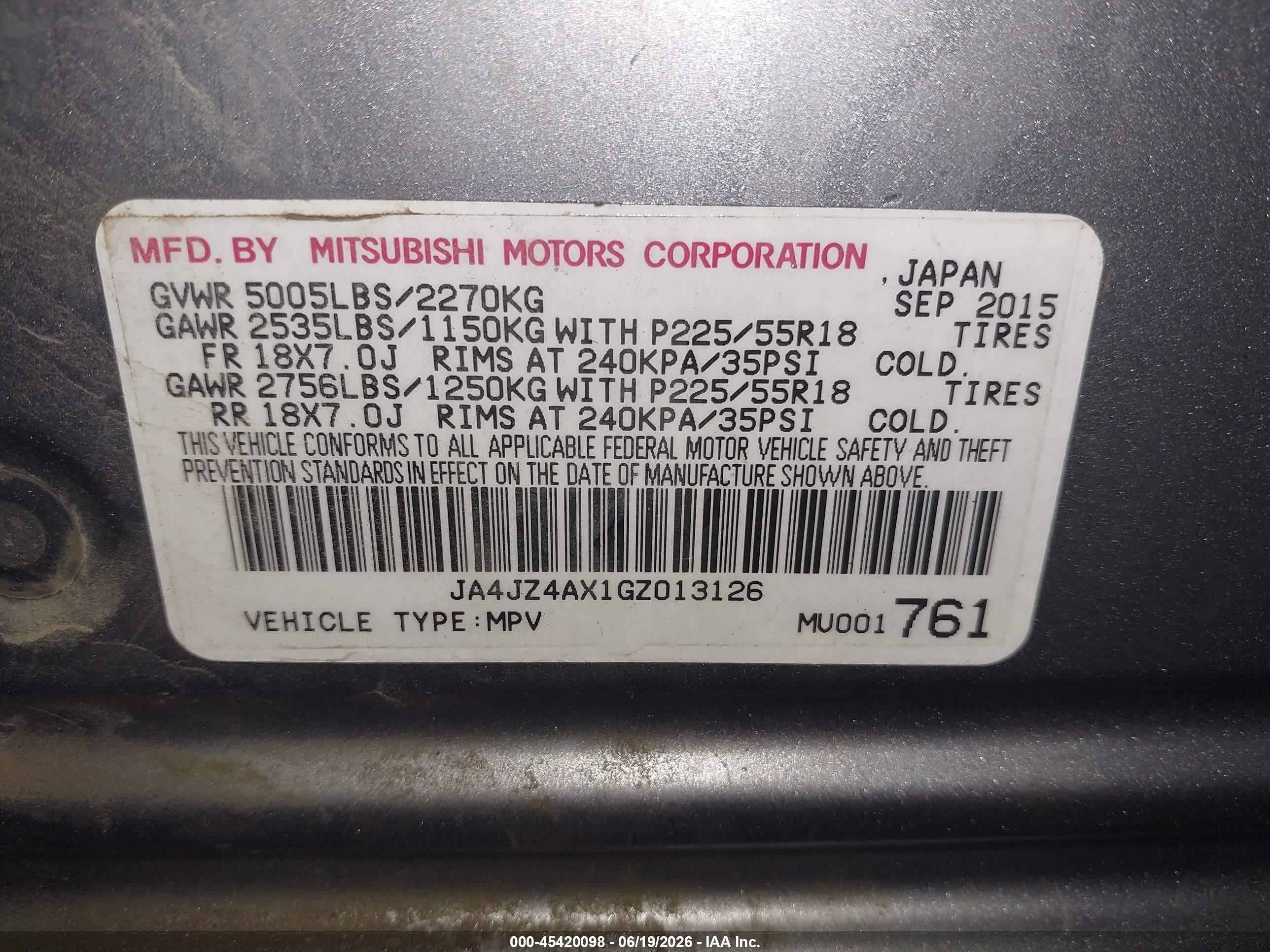 2016 Mitsubishi Outlander VIN JA4JZ4AX1GZ013126 IAAI salvage auction — Front End, Salvage (North Dakota), sold $1,325 on 2026-09-25 (photo 9)