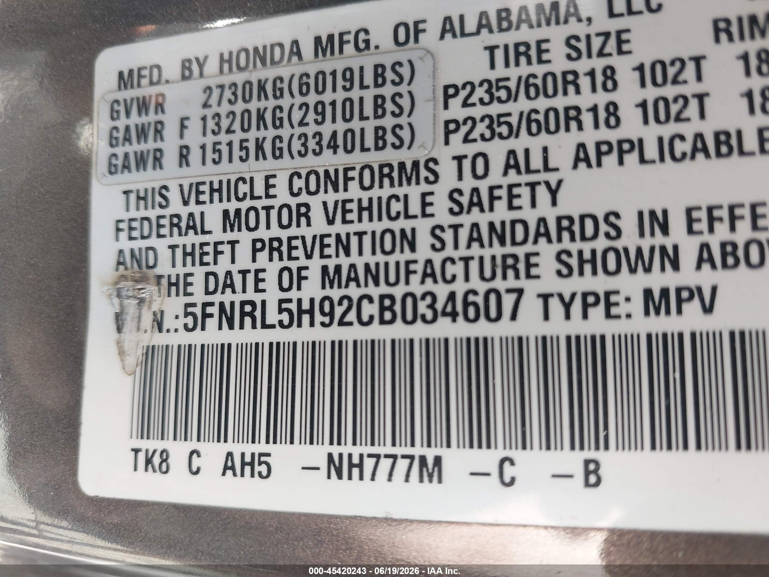 2012 Honda Odyssey VIN 5FNRL5H92CB034607 IAAI salvage auction — Top/Roof, Salvage (Ohio), sold $1,250 on 2026-07-10 (photo 9)