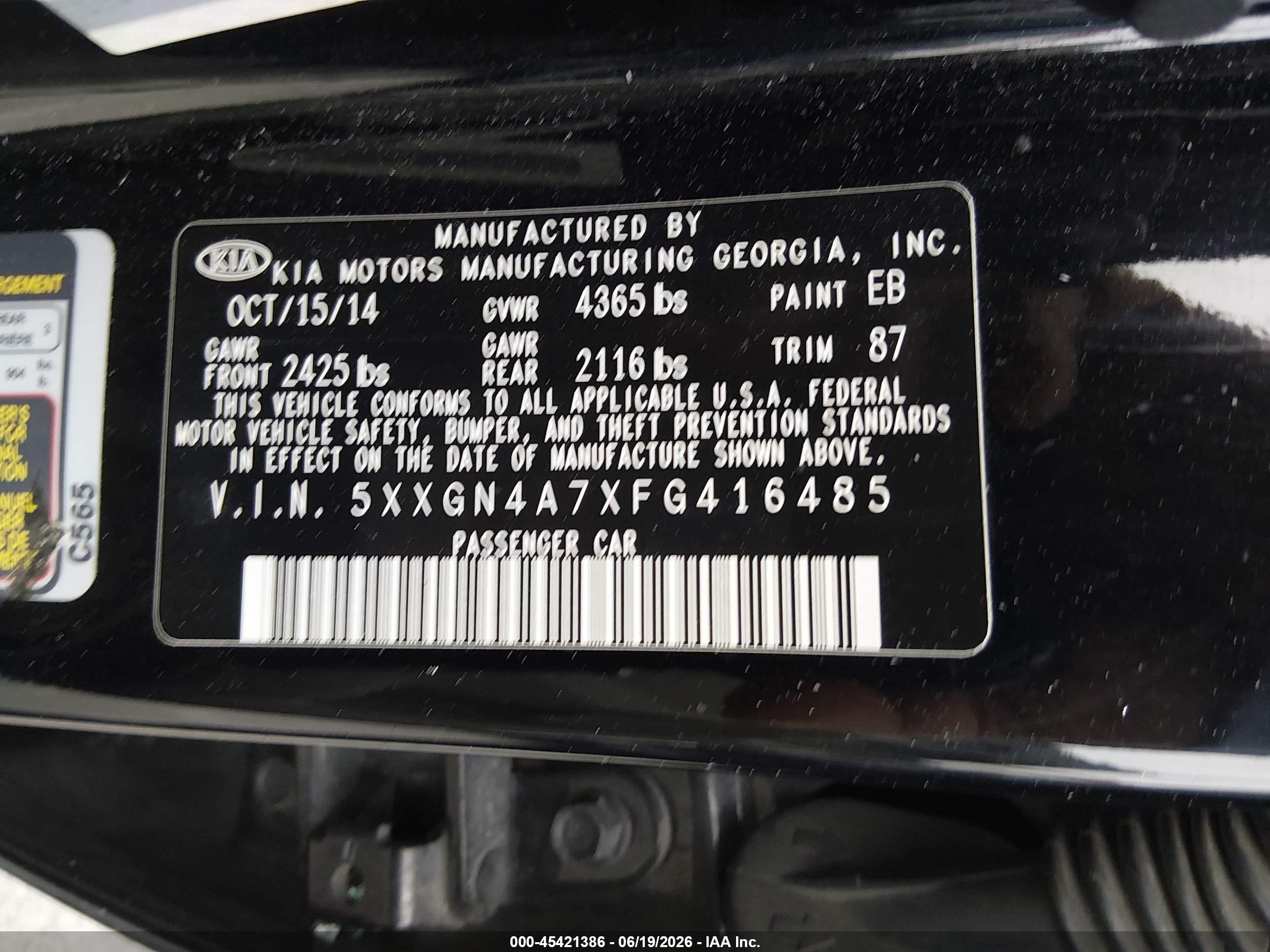 2015 Kia Optima VIN 5XXGN4A7XFG416485 IAAI salvage auction — Unknown, Non-Repairable (California), sold $250 on 2026-07-09 (photo 9)
