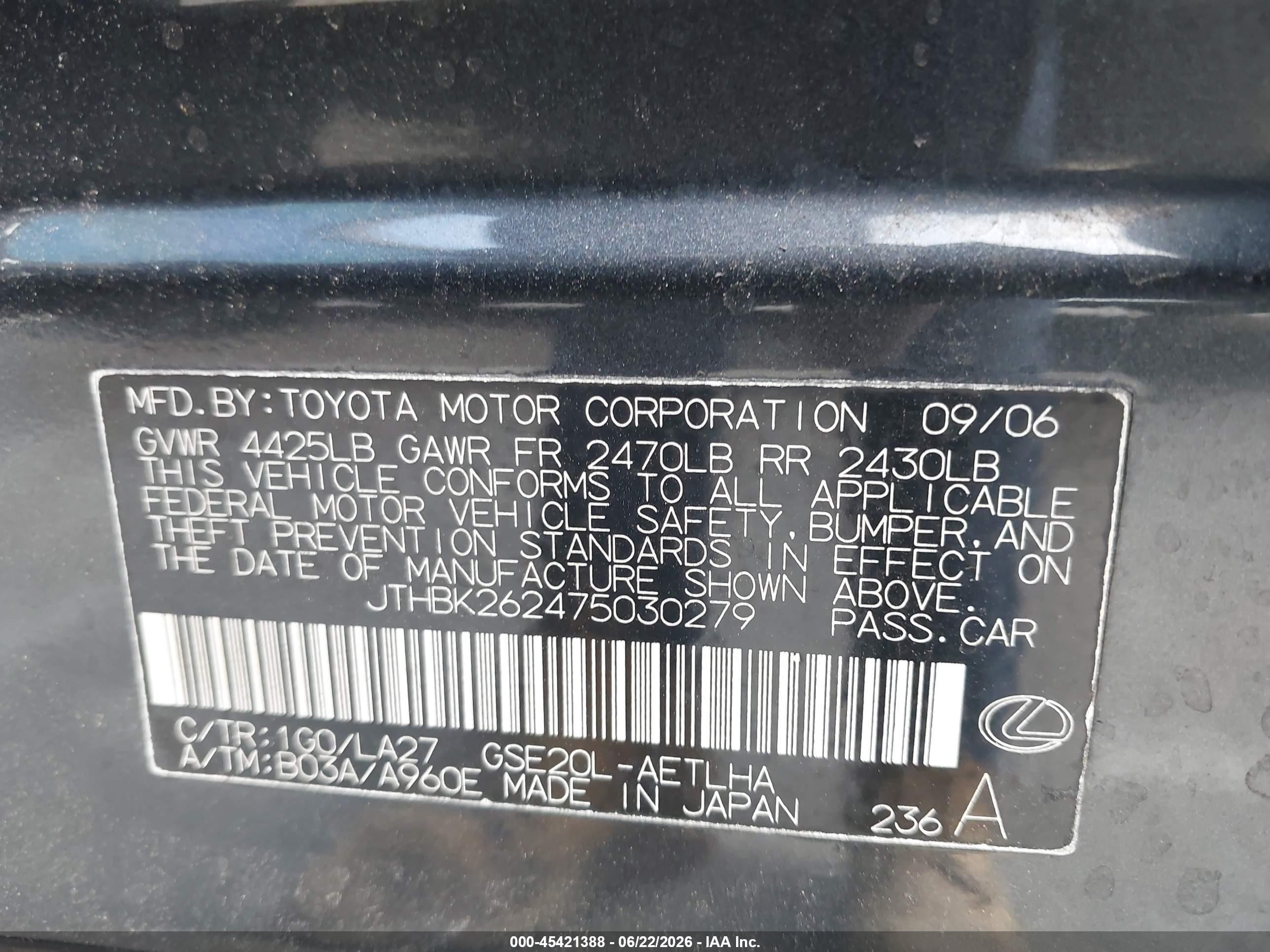 2007 Lexus IS 250 VIN JTHBK262475030279 IAAI salvage auction — Side, Salvage (California), sold $350 on 2026-07-09 (photo 9)