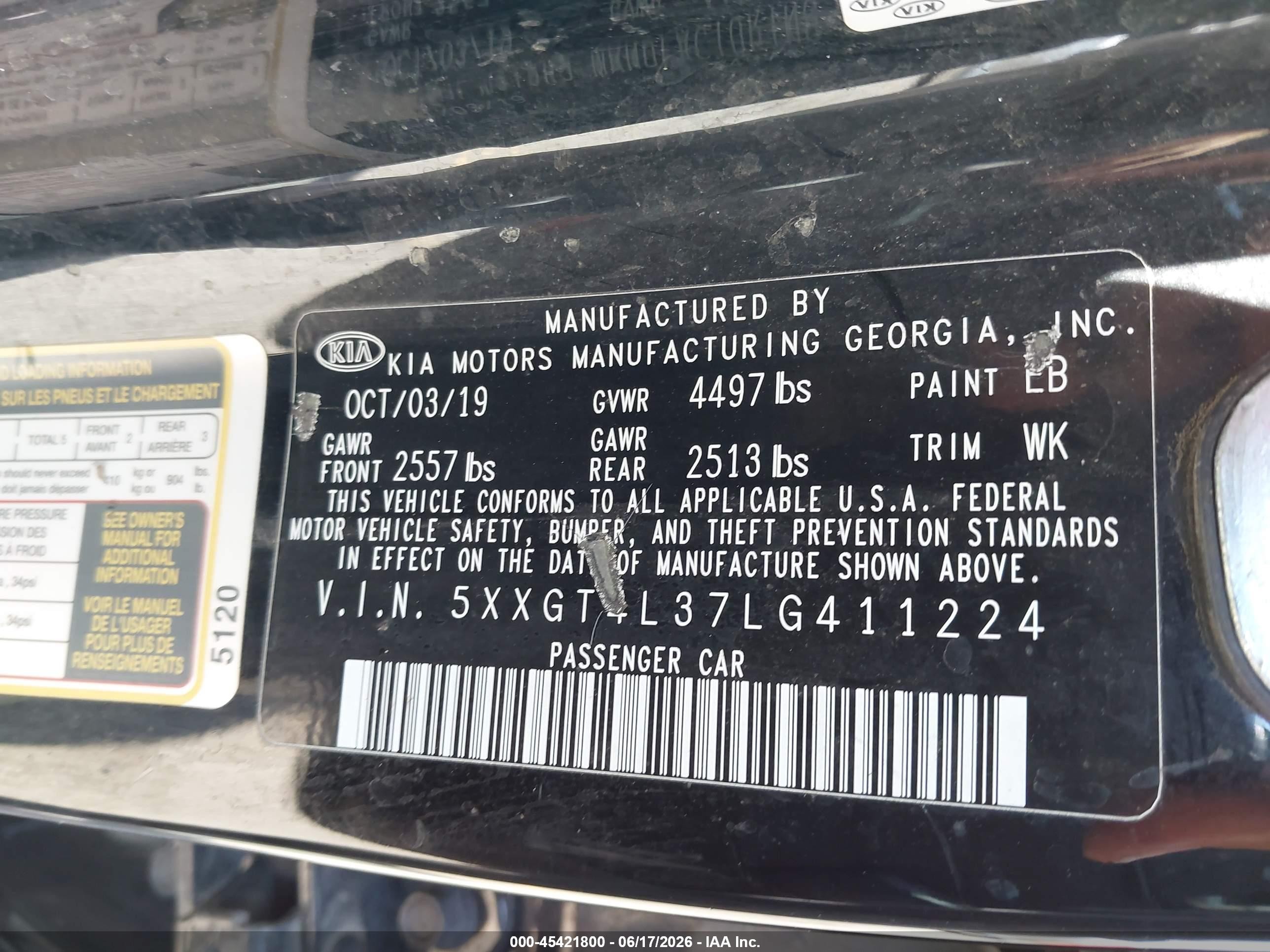 2020 Kia Optima VIN 5XXGT4L37LG411224 IAAI salvage auction — Side, Salvage (Oregon), sold $1,950 on 2026-07-02 (photo 9)