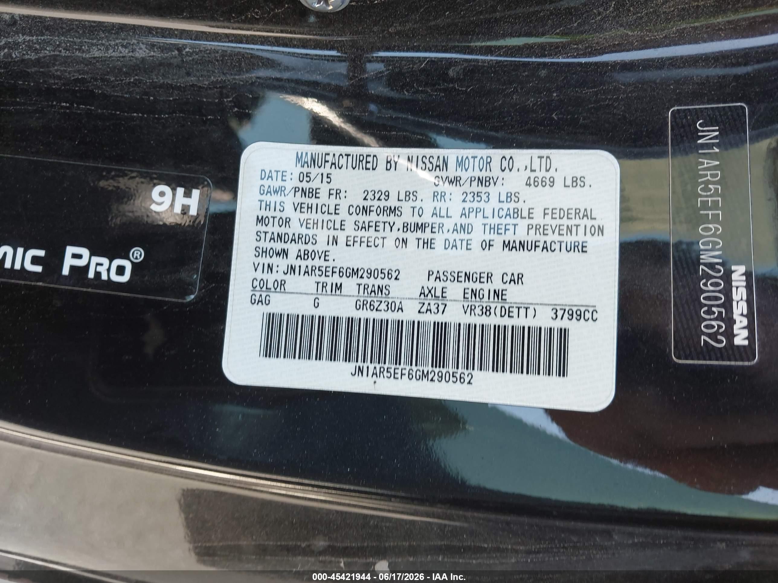 2016 Nissan GT-R VIN JN1AR5EF6GM290562 IAAI salvage auction — Top/Roof, Salvage (Nevada), sold $16,100 on 2026-07-02 (photo 9)