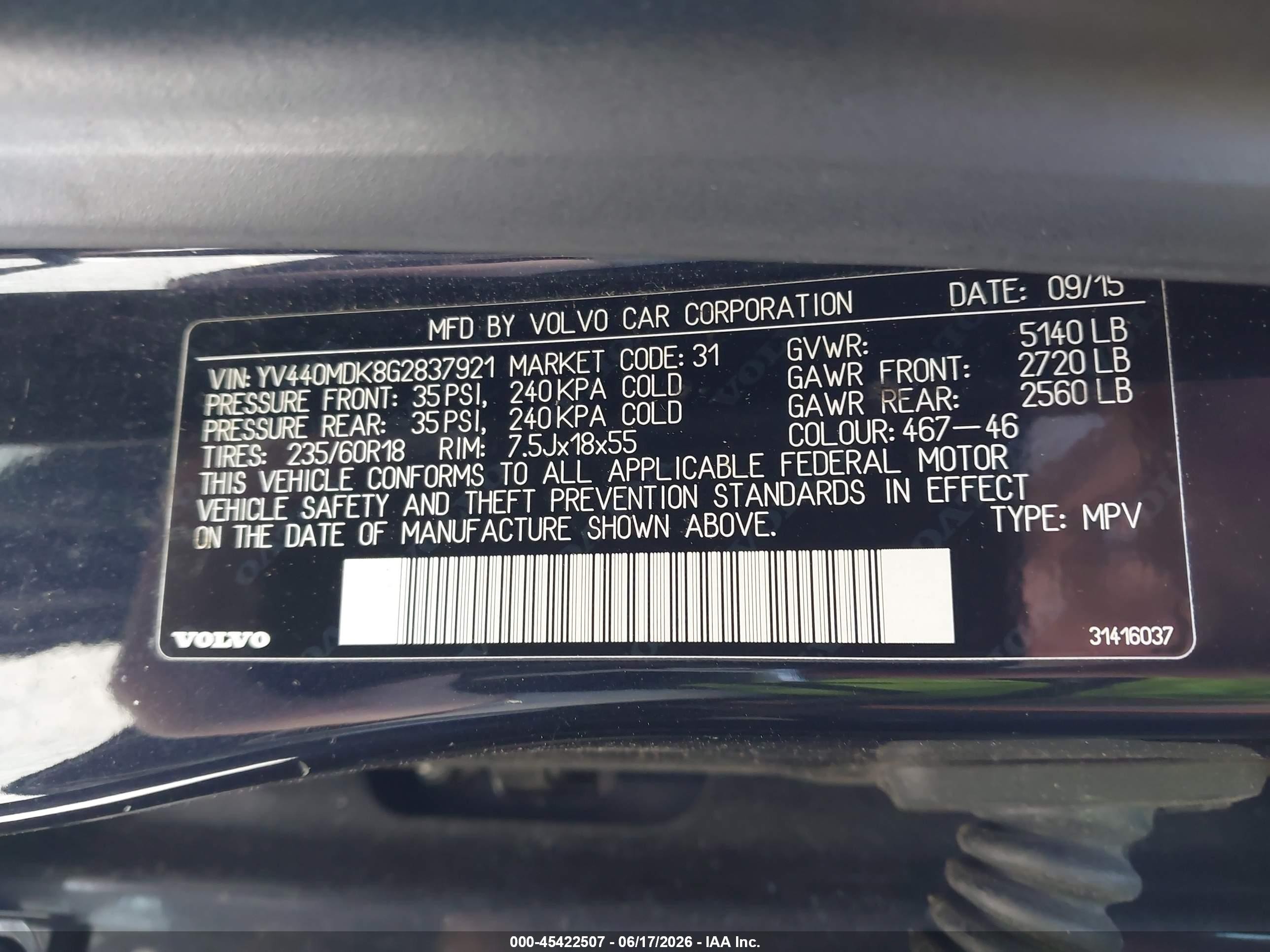 2016 Volvo XC60 VIN YV440MDK8G2837921 IAAI salvage auction — Normal Wear, Clear-Dealer Only (Oregon), sold $975 on 2026-07-09 (photo 9)
