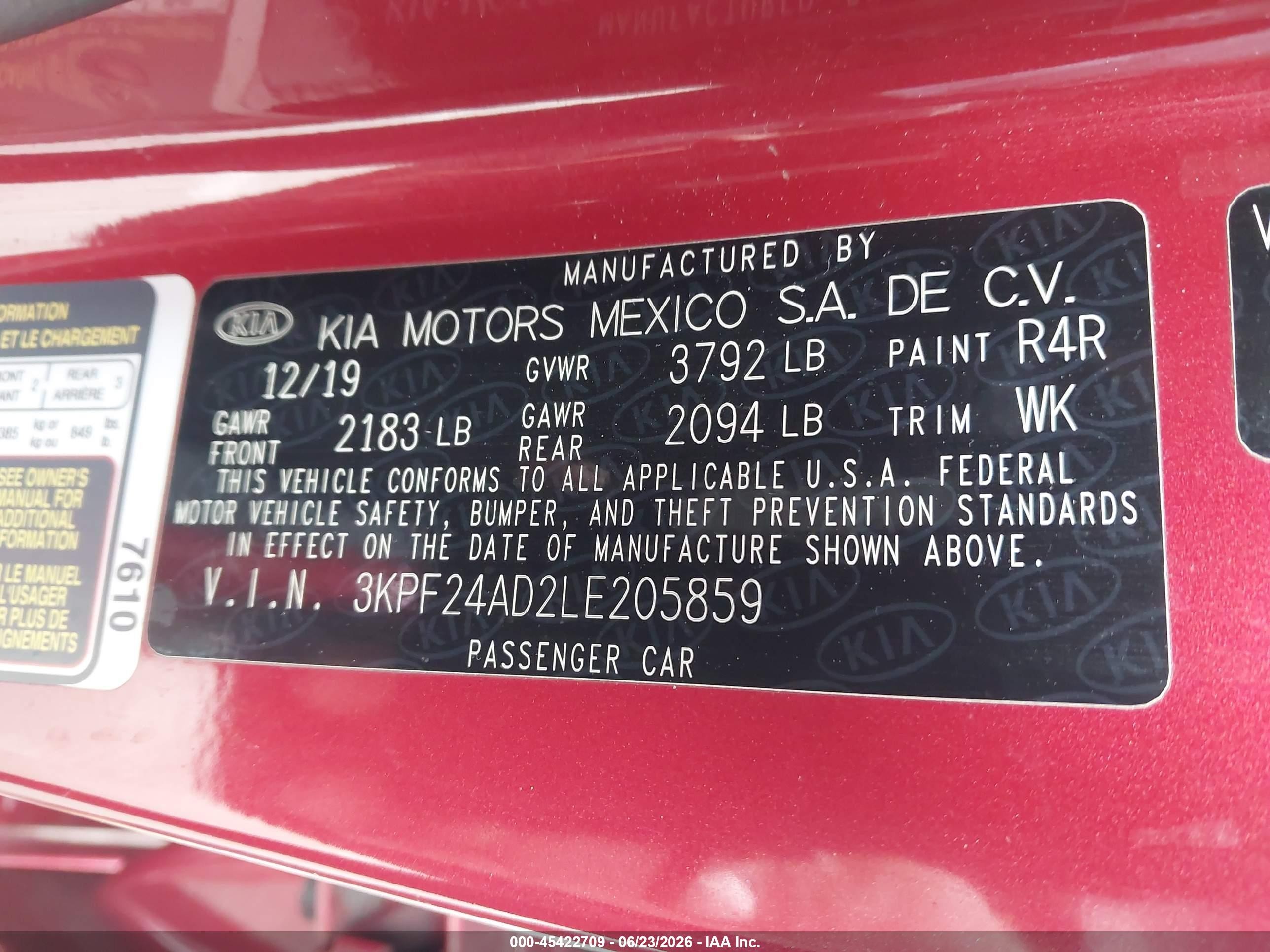 2020 Kia Forte VIN 3KPF24AD2LE205859 IAAI salvage auction — Front & Rear, Salvage (California), sold $3,325 on 2026-07-09 (photo 9)